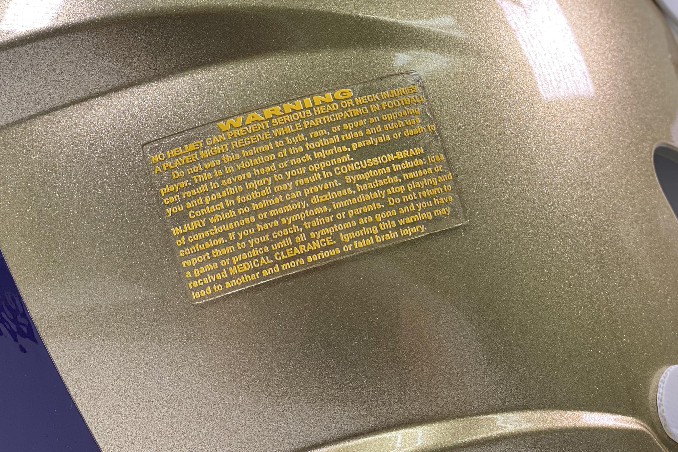 Warning Label Decal for Football Helmets (Yellow/GB Gold)