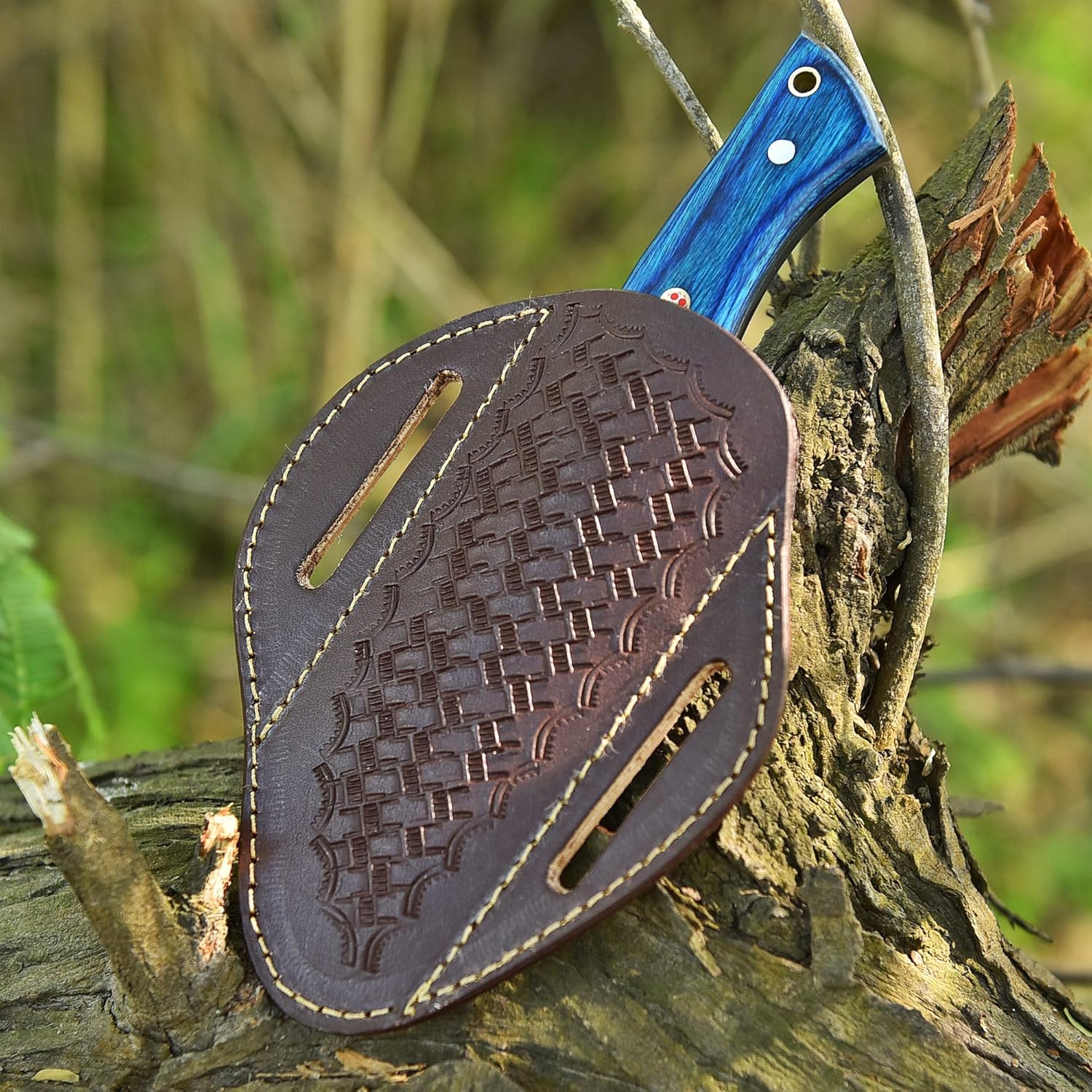 Handmade 1095 High Carbon Steel Hunting Knife, Cowboy Knife, Fixed Blade Hunting knife, with leather Sheath Tactical Knife (Blue wood)