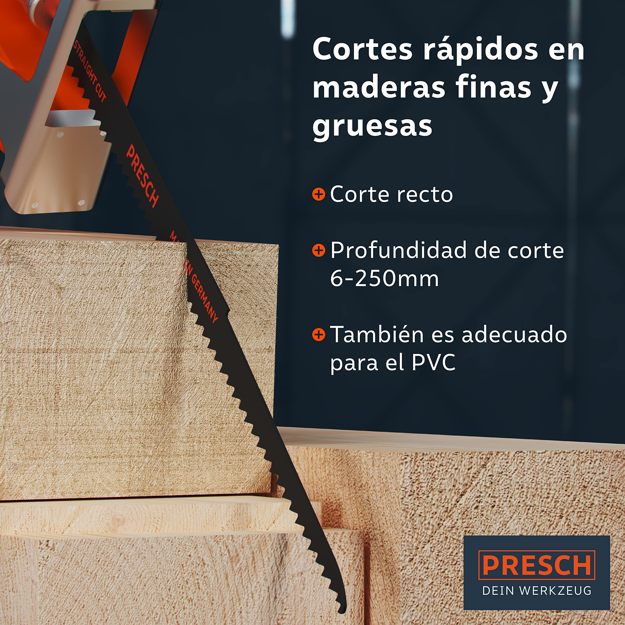 Presch Hojas de sierra sable madera 280mm 10 piezas (largas) - Corte 6-250mm - Hojas de sierra de sable para madera, tubos de PVC y más. - Juego de hojas de sierra con caja incluida