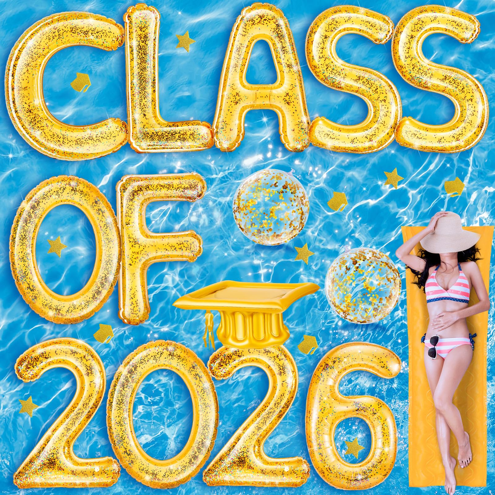 Sumind 15 Pcs Large Class of 2026 Graduation Pool Float 30 x 40 Inch Inflatable Letter Float Glitter Grad Party Decor 2026 Graduation Party