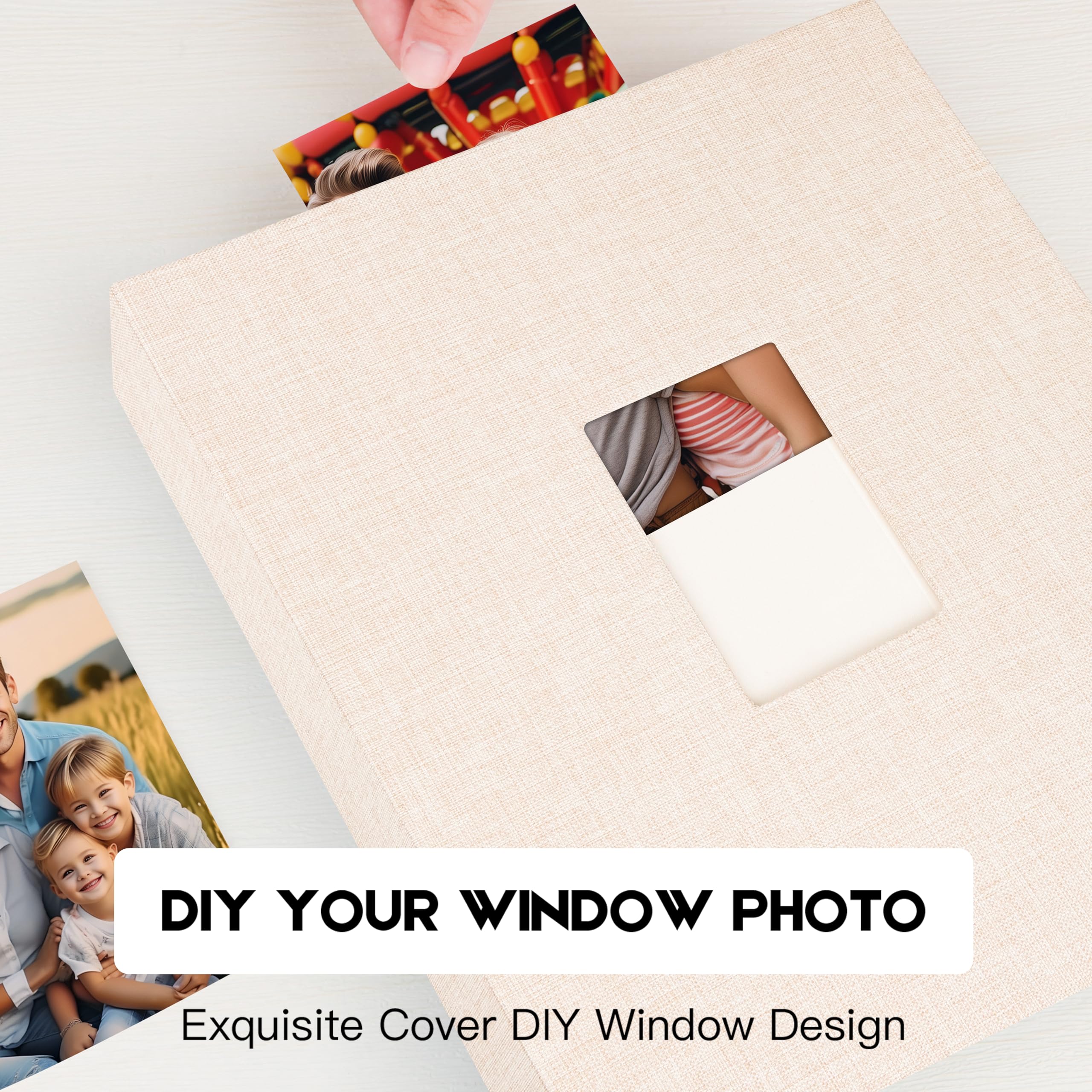 Album photo de 8,9 x 12,7 cm, pour 256 photos, couverture en lin de 7,9 x 12,7 cm avec fenêtre à l'avant, album photo de 7,6 x 12,7 cm pour photos de mariage, famille, anniversaire, cartes (beige)