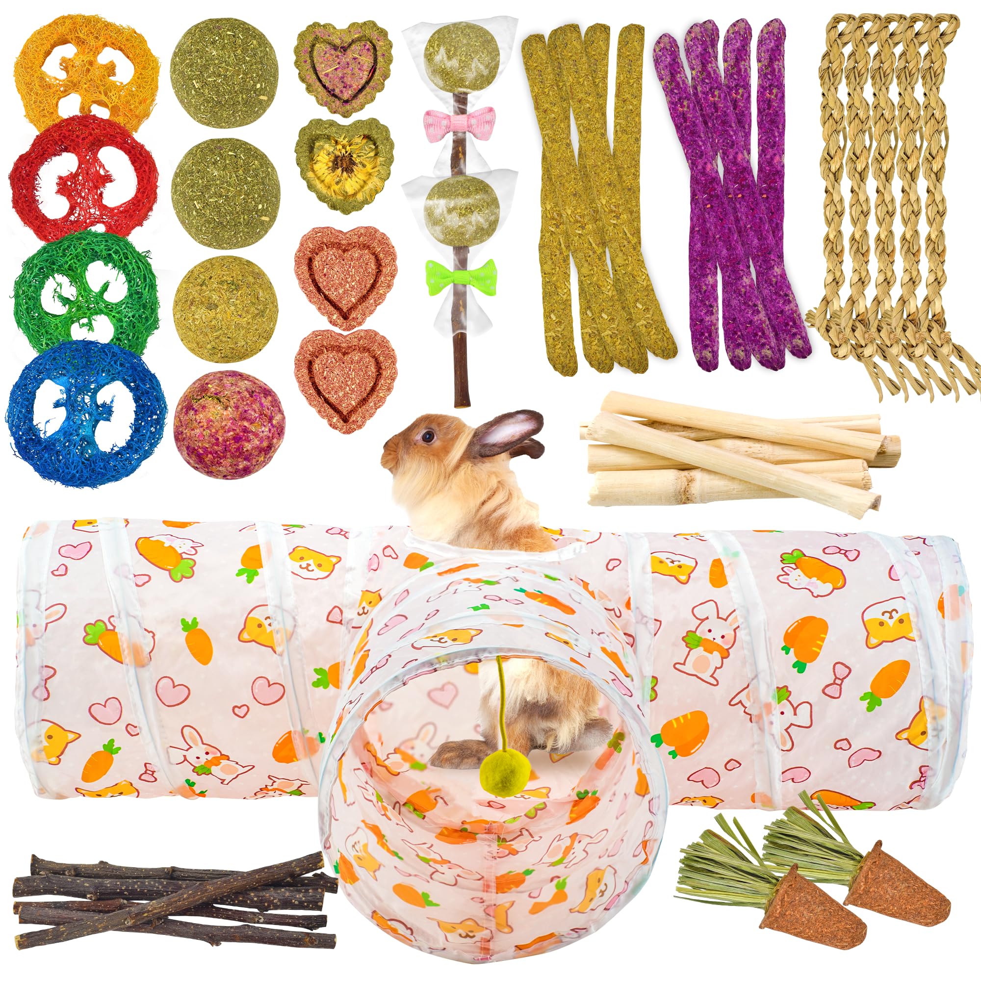 LECHONG 42-in-1 Box Natural Rabbit Toys with Cute Rabbit Tunnel Set, Various Chew Toys Boredom Breakers Collapsible Tunnel Hideout for Rabbits, Hamster, Guinea Pig Small Animals Teething Activity