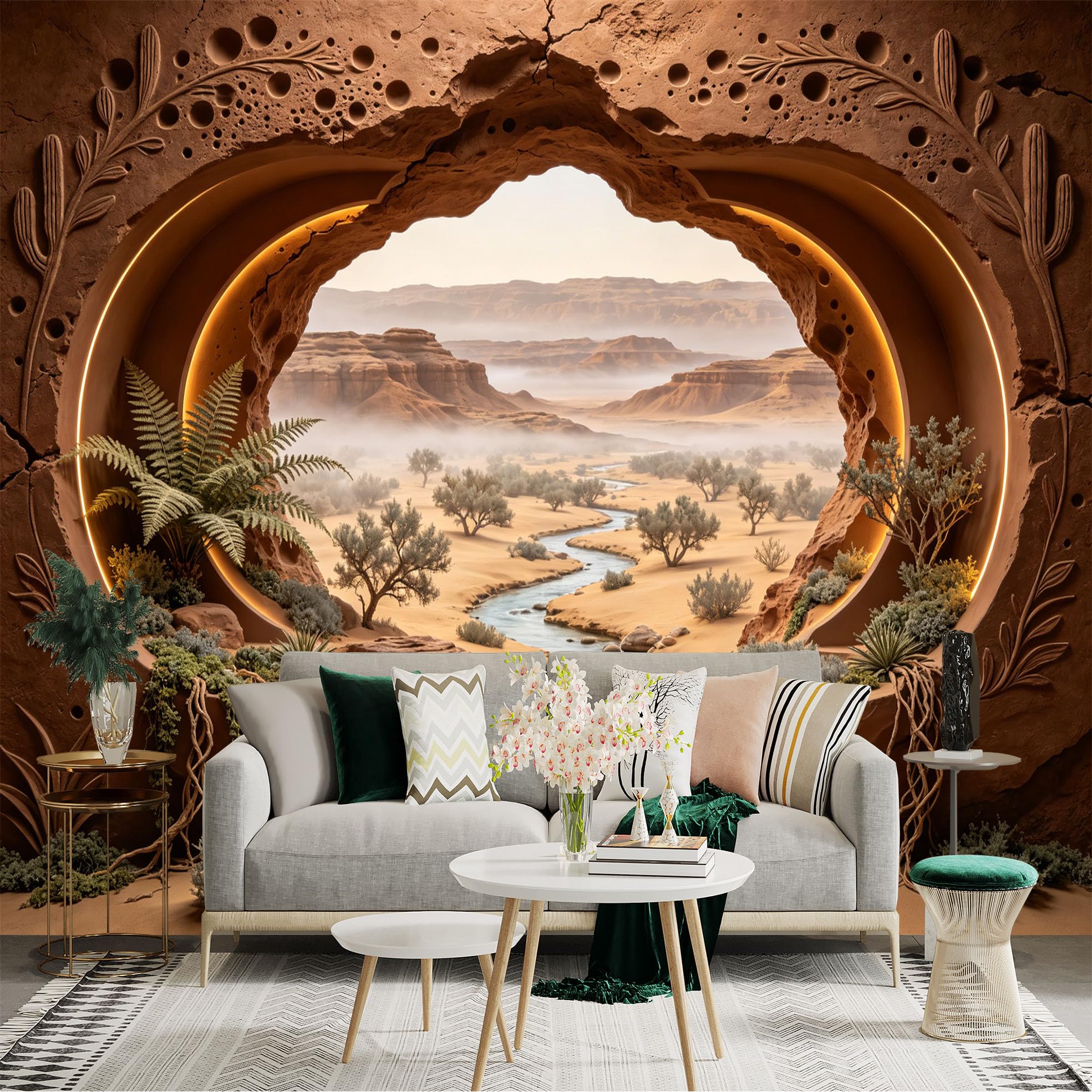Custom Size Wall Sticker Mural， Desert Canyon with River， Sandstone Arch and Oasis Plants， for wall Decoration， peelandstick wall Decals.