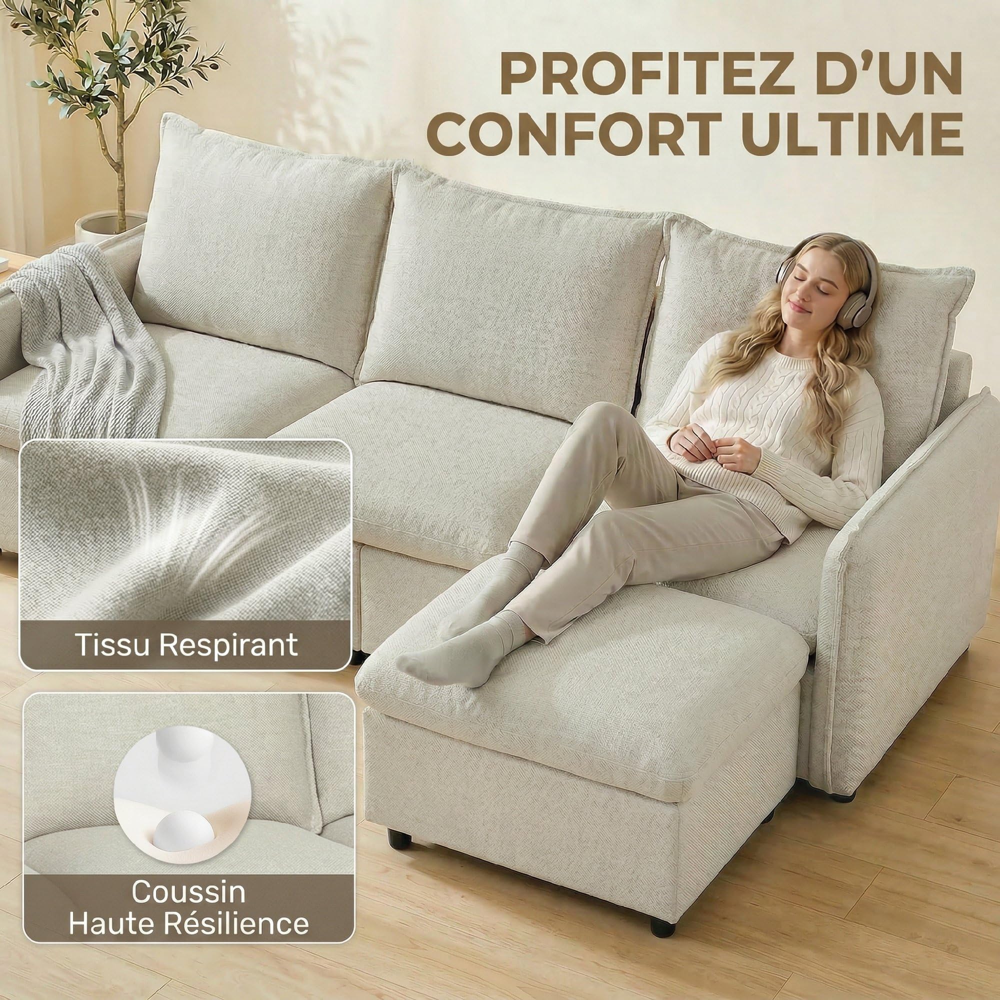 HOMCOM Divano a 3 posti con pouf portaoggetti divano angolare modulabile 212 cm, design moderno seduta imbottita cuscini a molle tessuto di lino per soggiorno, camera da letto, ufficio, crema