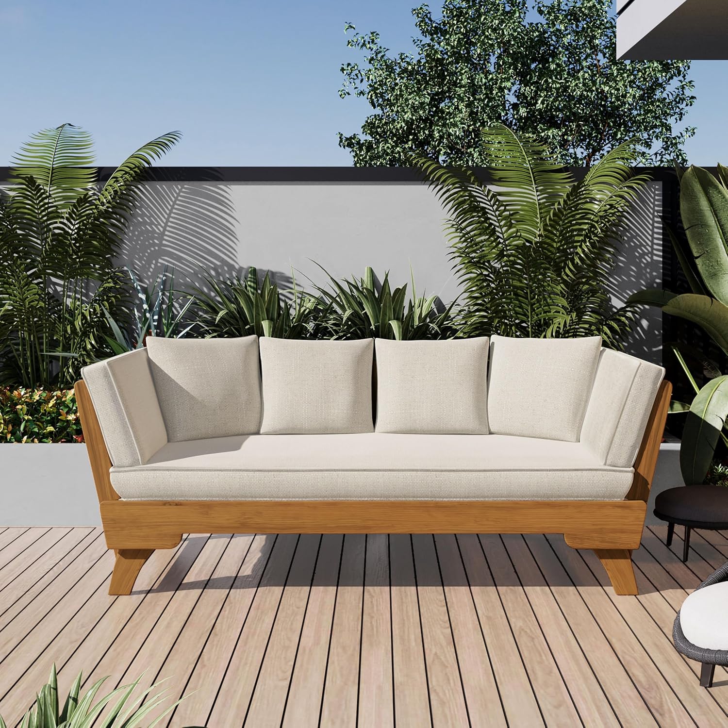 Christopher Knight Home Gary Patio Convertible Couch, Wooden Outdoor Daybed, 3-Seater Acacia Wood Patio Furniture Lounge Sofa for Backyard/Poolside/Garden, Back Pillow+Removable Cushion, Teak+ Beige