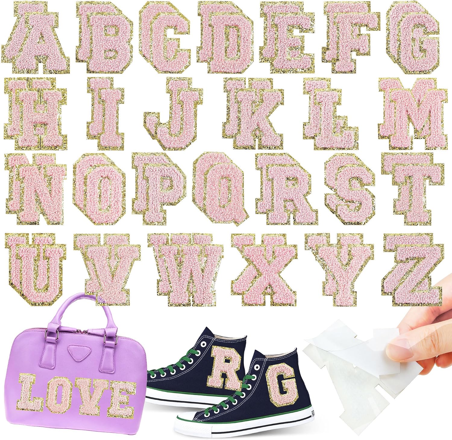 52PCS Chenille Self Adhesive Letter Patches Pink & White Mixed with Gold Trim Preppy Varsity Alphabet 2.2'' Large Embroidered Initial Appliques for Jackets Backpacks Trucker Hats DIY Crafts