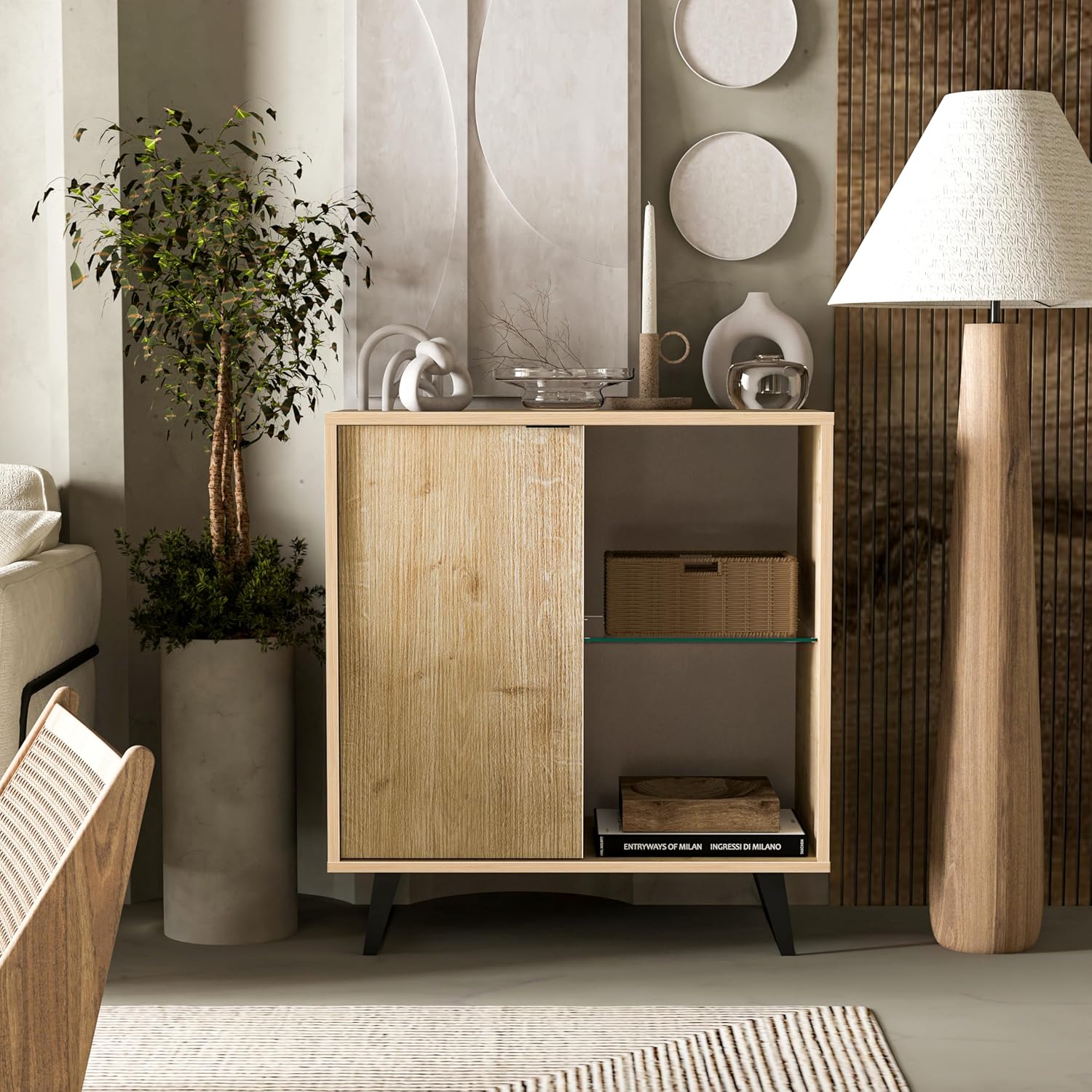 Atelier Mobili Sideboard, Storage Cabinet with Soft Close Doors, Dining Room, Hallway, Console Table, Credenza, Accent Cabinet, 36 X 36 X 18 Inches with Sturdy Metal Legs (1 Door, Oak)