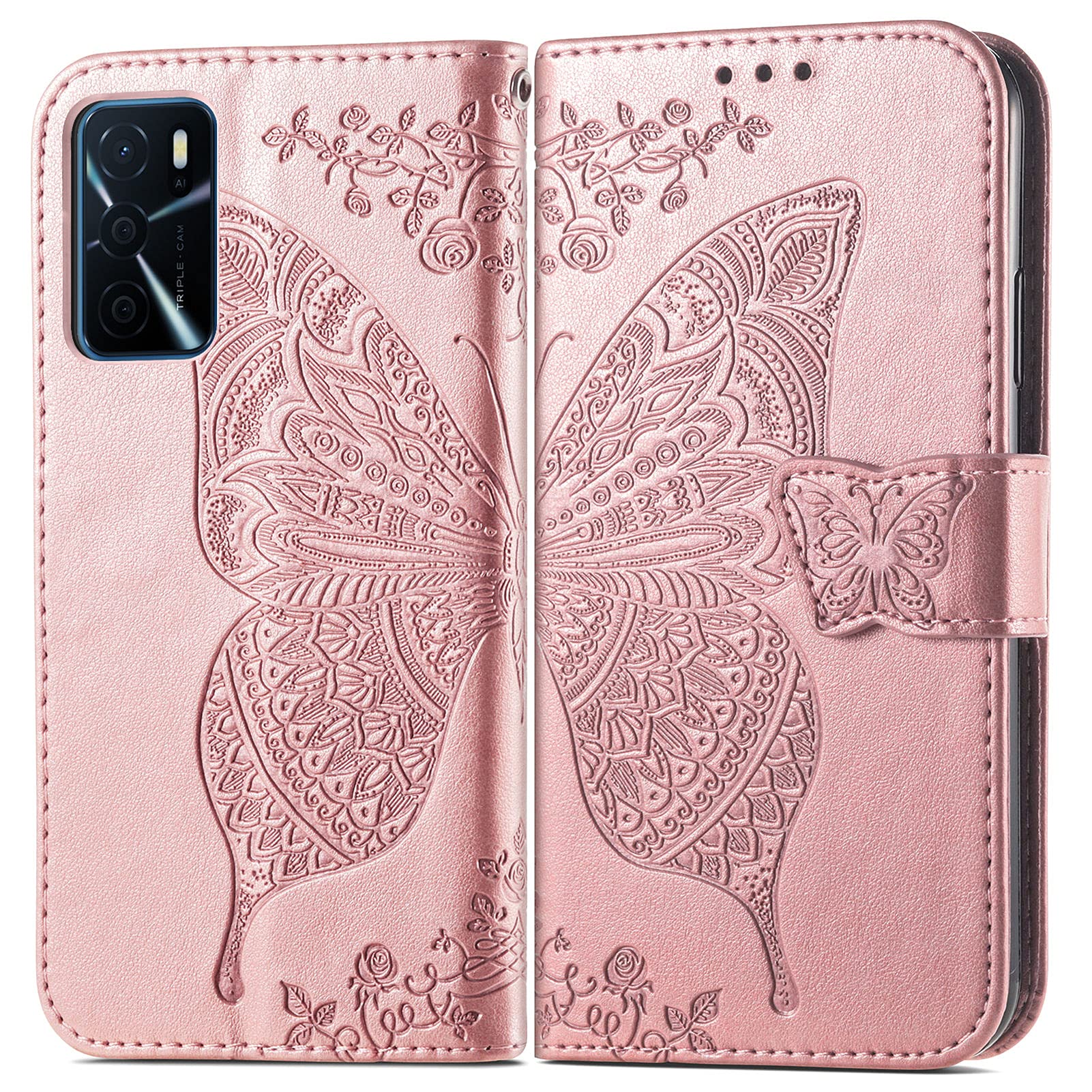 Haninsuze Custodia per Oppo A16 4G / Oppo A16s, Farfalla Dorata - Pelle PU, Silicone TPU - Portafoglio con Porta Carte Magnetica - Protezione Antiurto - Flip Case