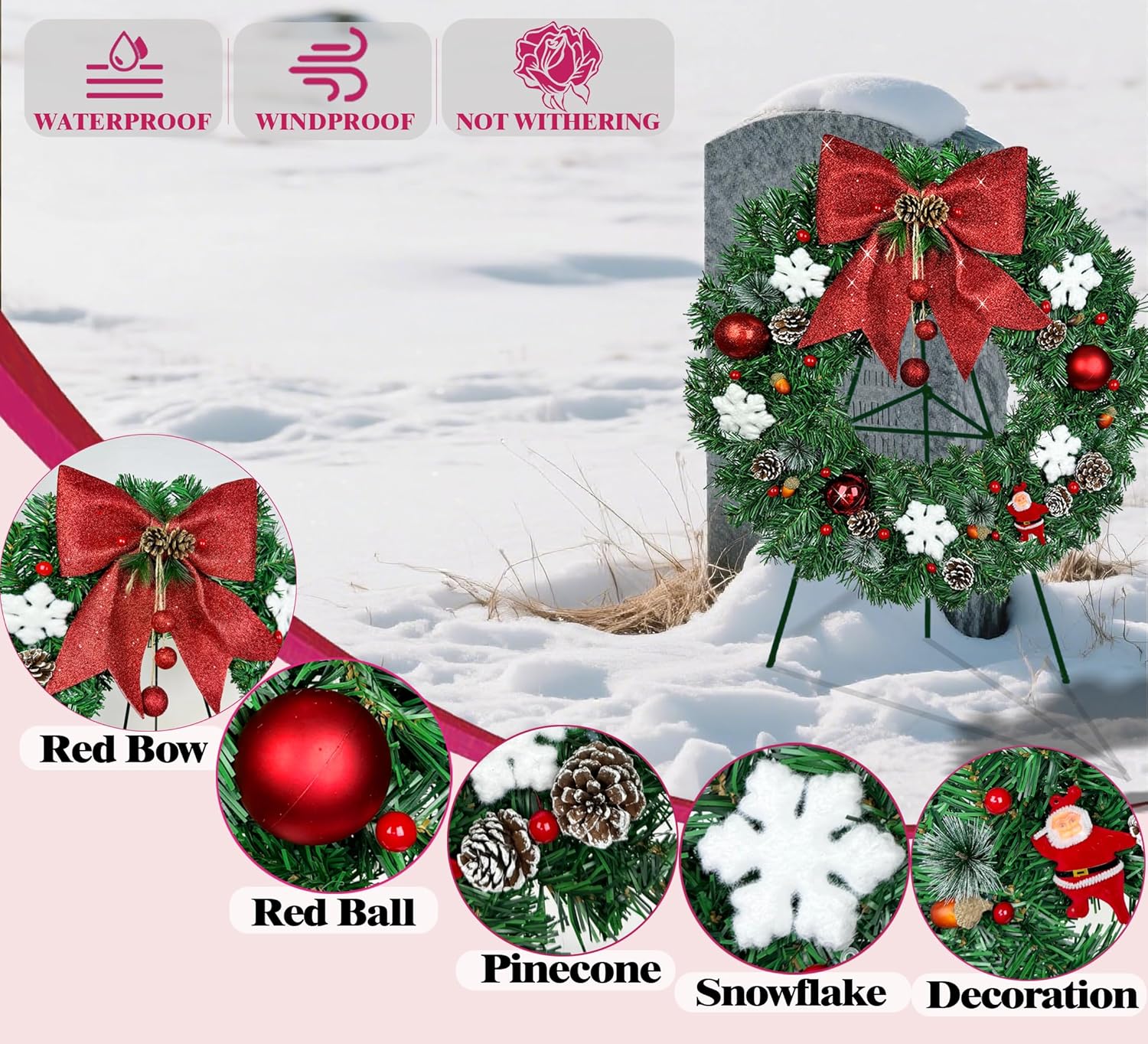 MUVIC Cemetery Wreath for Grave, Christmas Loving Memory Golden Poinsettias Memorial Artificial Wreath with 30 inch Stand,Big Red Bow and Balls,White Snowflakes