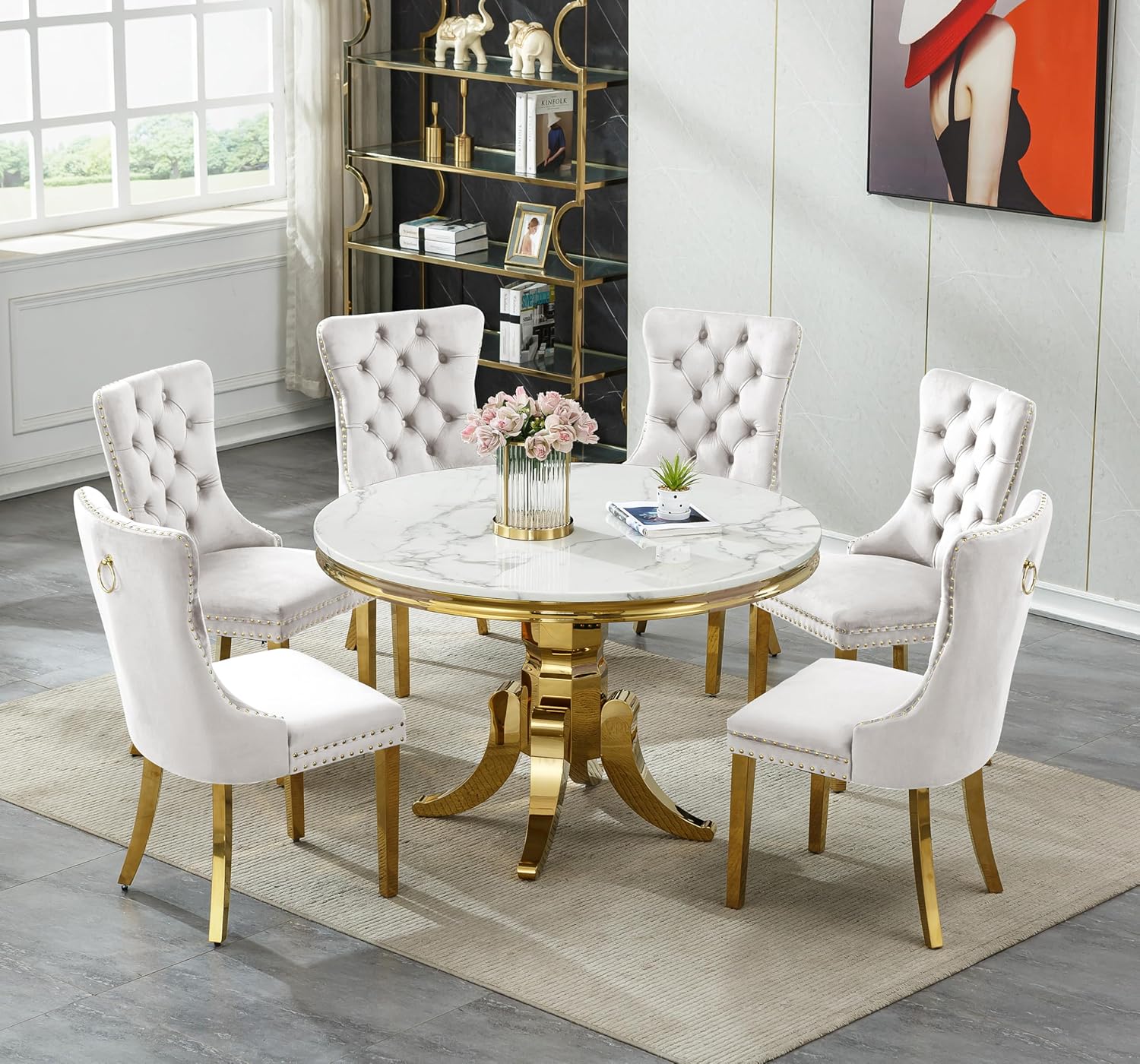 Henf Luxury 7-Piece Round Dining Table Set for 6, Modern