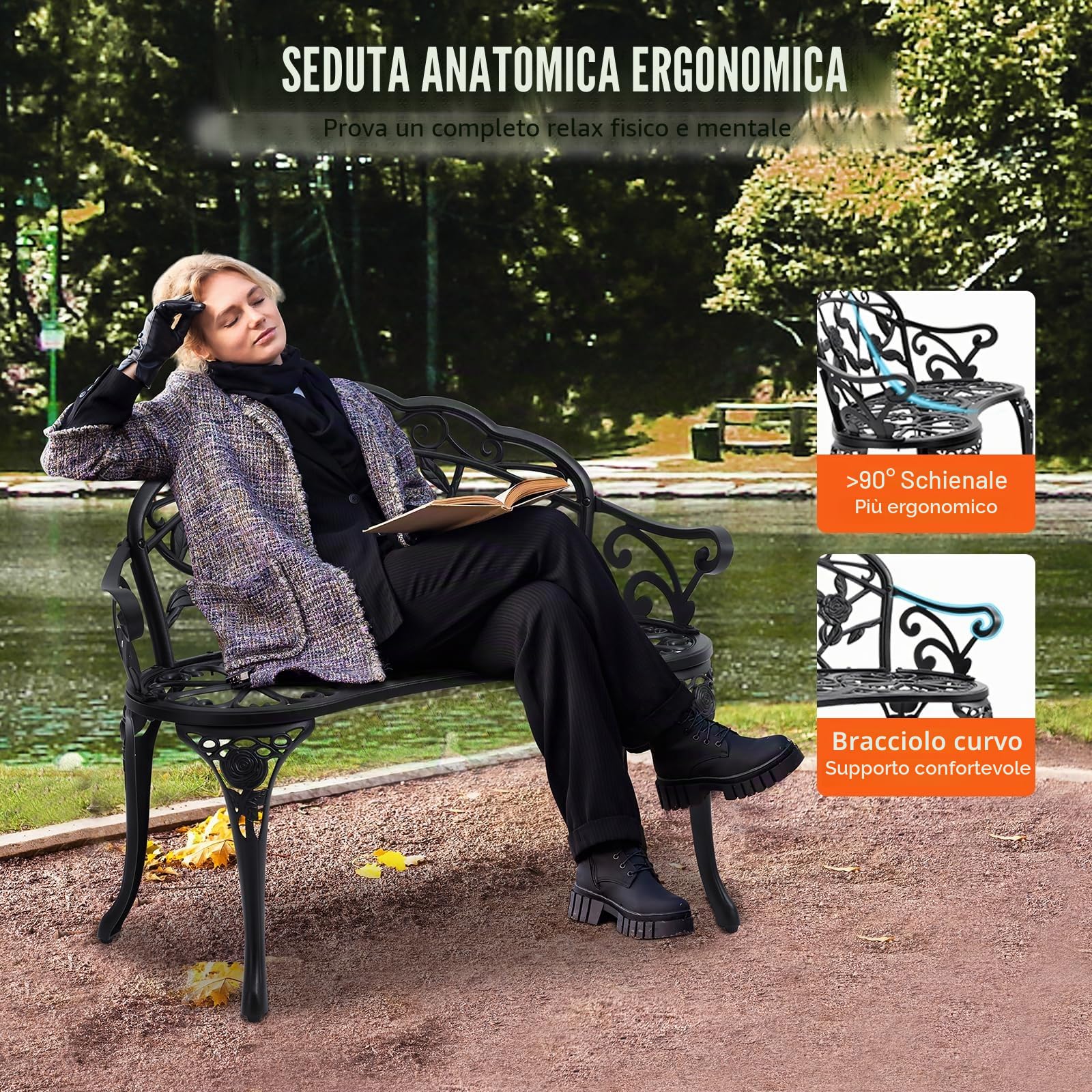 VEVOR Panchina da Esterno da 57 x 98,7 x 79 cm Panchina da Giardino in Metallo per Esterni, Capacità di Carico di 218 kg Panchina da Giardino con Schienale, Braccioli, per Parco, Cortile, Portico