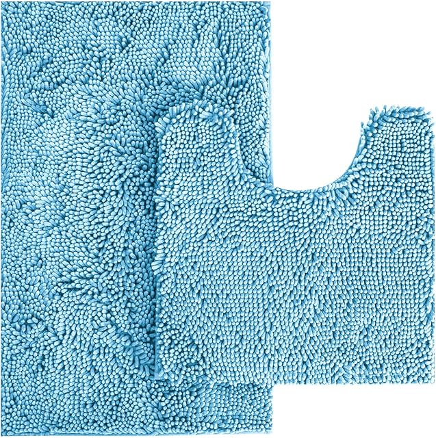 Towelogy® 2 Piece Bath Mat & Pedestal Rugs Microfibre Shaggy Non Slip Chenille Rug For Bathroom Doormats & Tub Shower Machine Washable (Aqua, 60x110cm & 60x55cm)