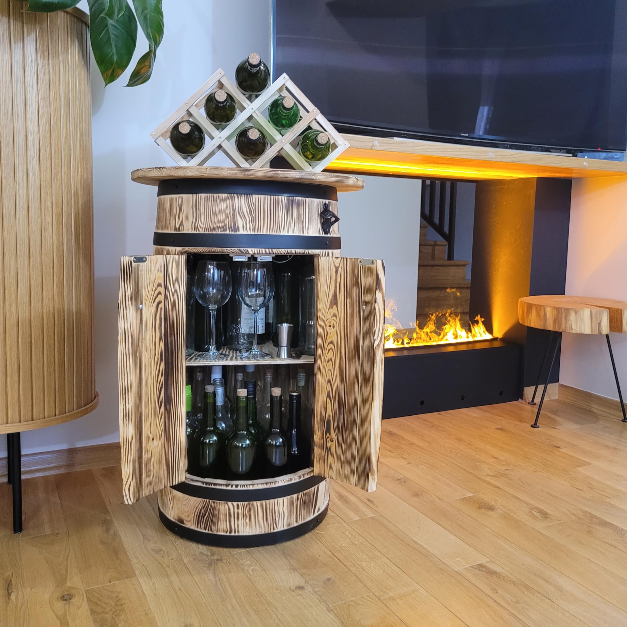 weeco Armoire en bois de pin en forme de tonneau avec étagère et étagère pour 30 à 40 bouteilles - Étagère de bar rustique avec décapsuleur et porte-bouteilles pliable - 80 x 55 x 44 cm - Marron