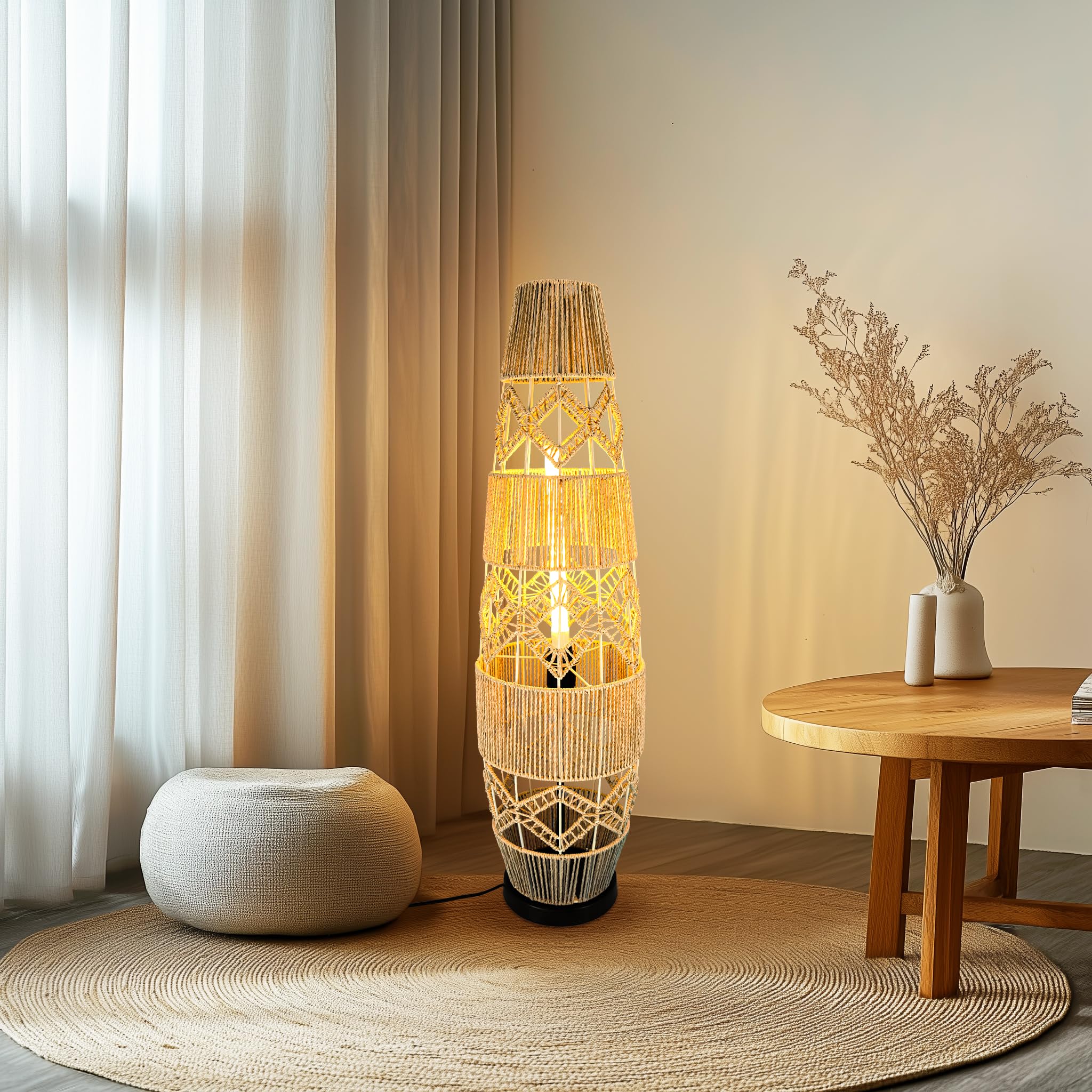 Stehleuchte Handgewebte Rattan Stehlampe 93.5 cm: Boho Standleuchte mit Schirm und Fußschalter, 3 wählbare Farbtemperaturen, Für Wohnzimmer, Esszimmer und Schlafzimmer