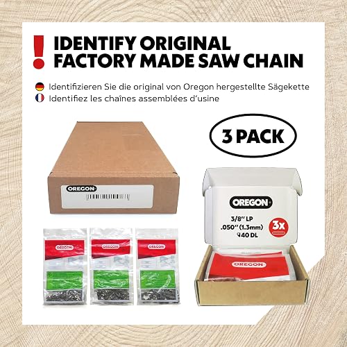 Oregon Lot de 3 Chaîne de Tronçonneuse 3/8" LP pour Guide de 25cm (10"), Jauge .050" (1,3mm), 40 Maillons, Compatible Black & Decker, Bosch, Ferrex, WORX et Plus, Low Profile Chain, 91P040X3 - 5