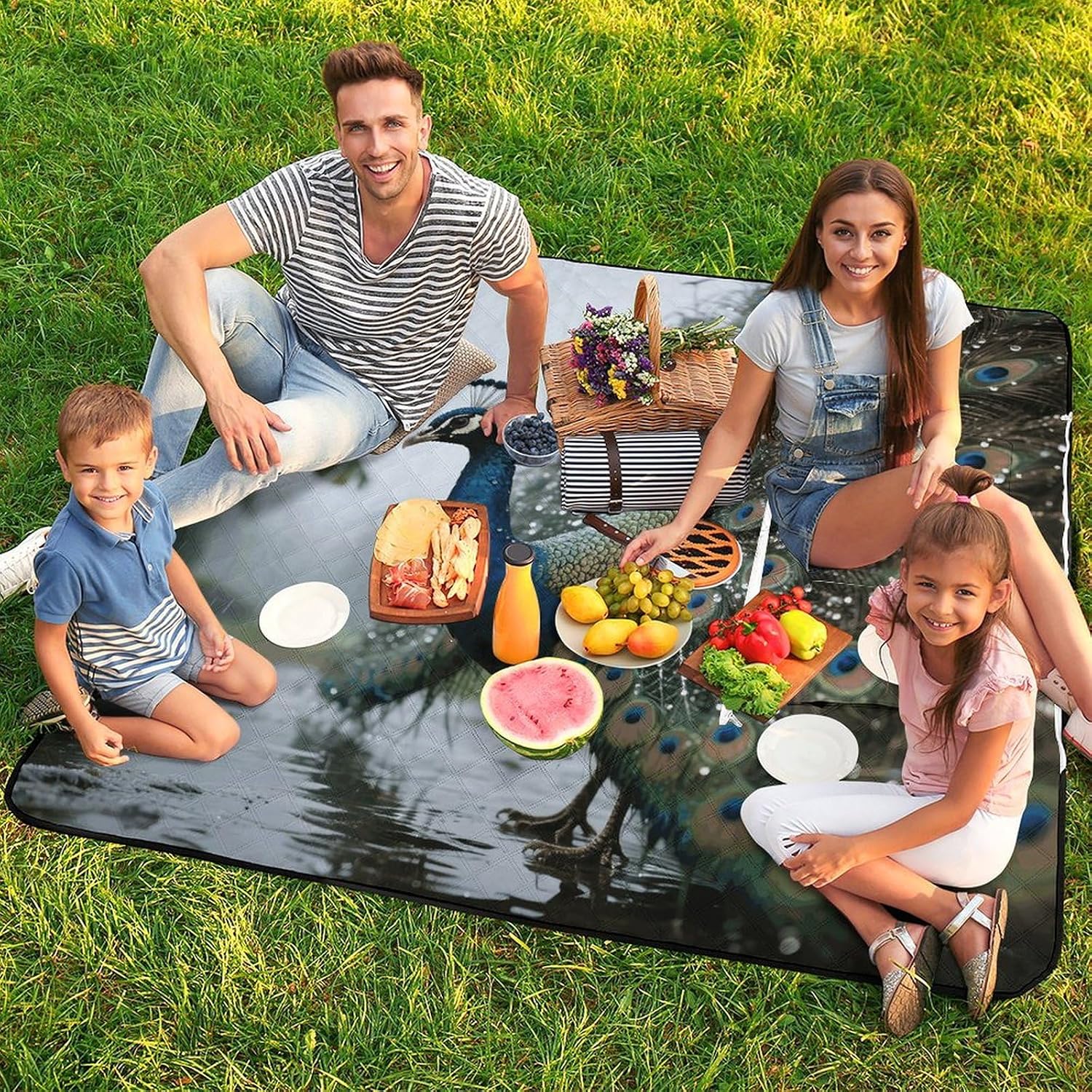 Peacock Picnic Blanket 150x150cm, Foldable 2-in-1 Picnic Mat and Tote Bag Portable Waterproof Beach Mat Sandproof Outdoor Blanket for Park, Hiking, Beach, Camping, Travel