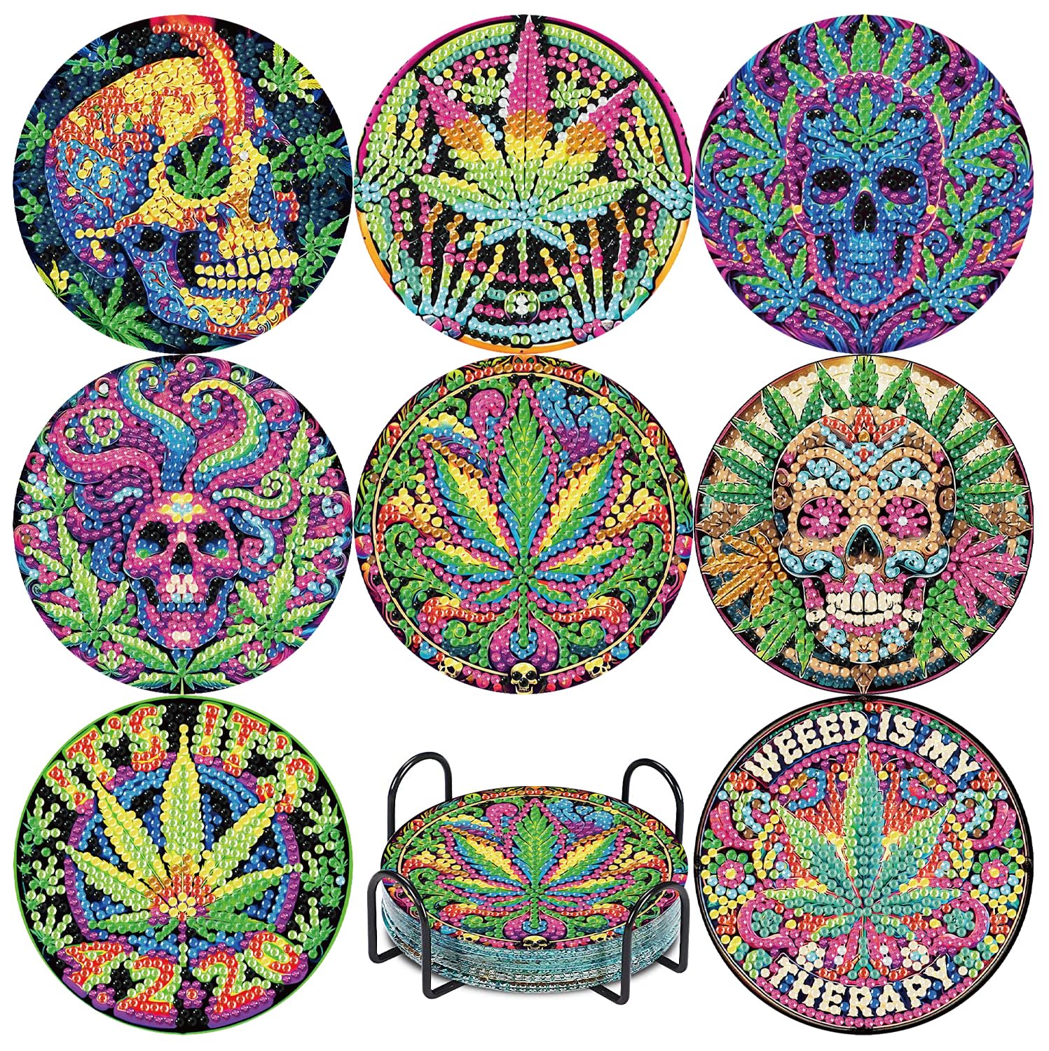 Jakener Bdal0016-Uk 8 Pcs Leaf Diamond Art Painting Coasters Kits,Coaster With Holder For Adults, Non-Slip Diy Dot Paint Craft Kits,5D Full Drill Diy Diamond Dot Gem Art Kit Home Decor Arts Craft