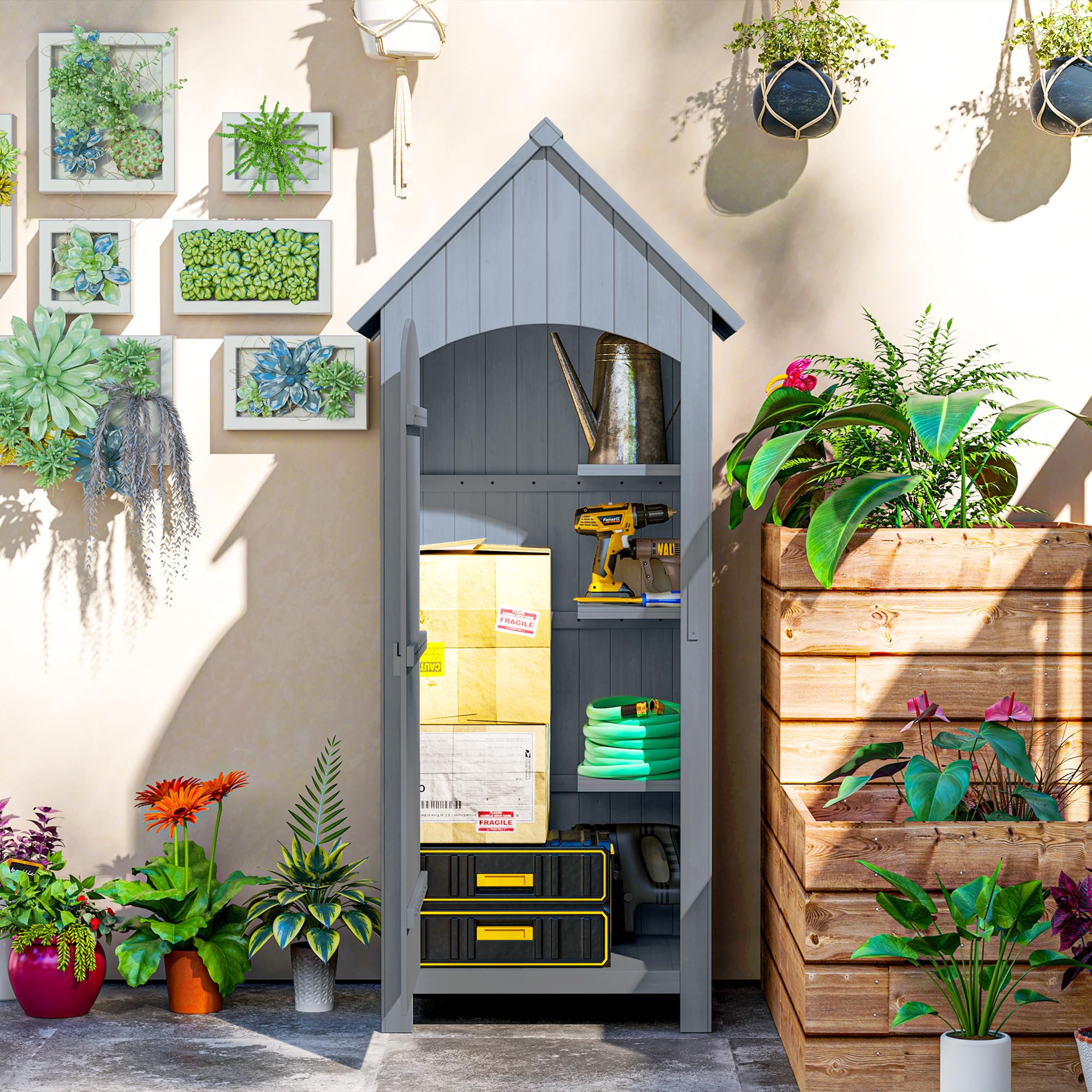 Outsunny - Cobertizo de jardín de Madera, cabaña de jardín al Aire Libre, Armario de jardín con Techo asfaltado, 3 estanterías, Puerta con pestillo para Almacenamiento Exterior para terraza, 77,5 x