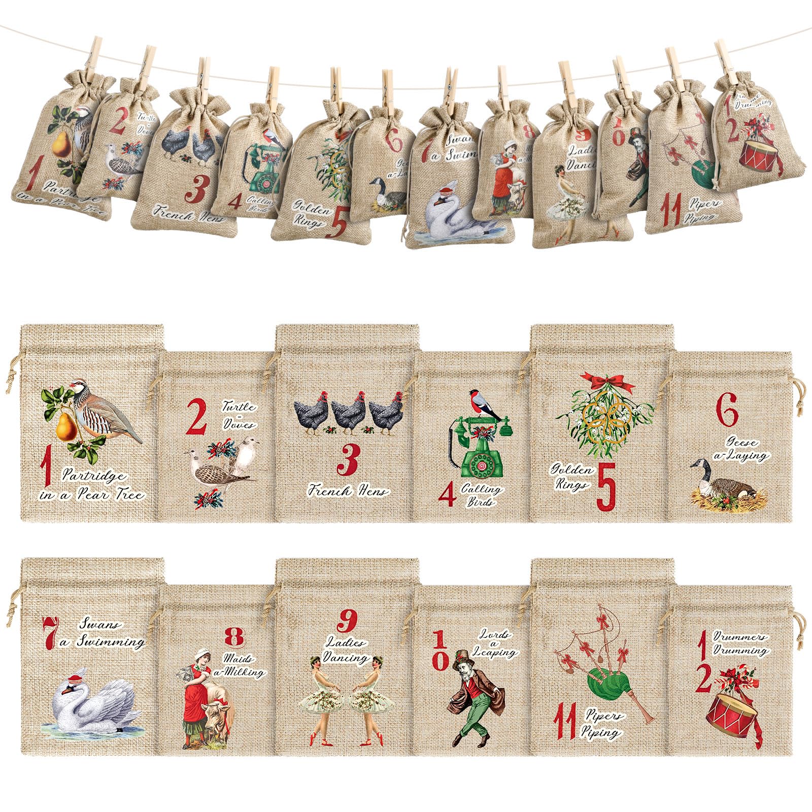 GliCraft 12pcs 12 Day of Christmas Advent Calendar Gift Bags Number Bags Christmas Gift Reusable Burlap Fabric with Drawstring Closure Two Different Sizes 5.5 x 4 Inch, 7 x 5 Inch