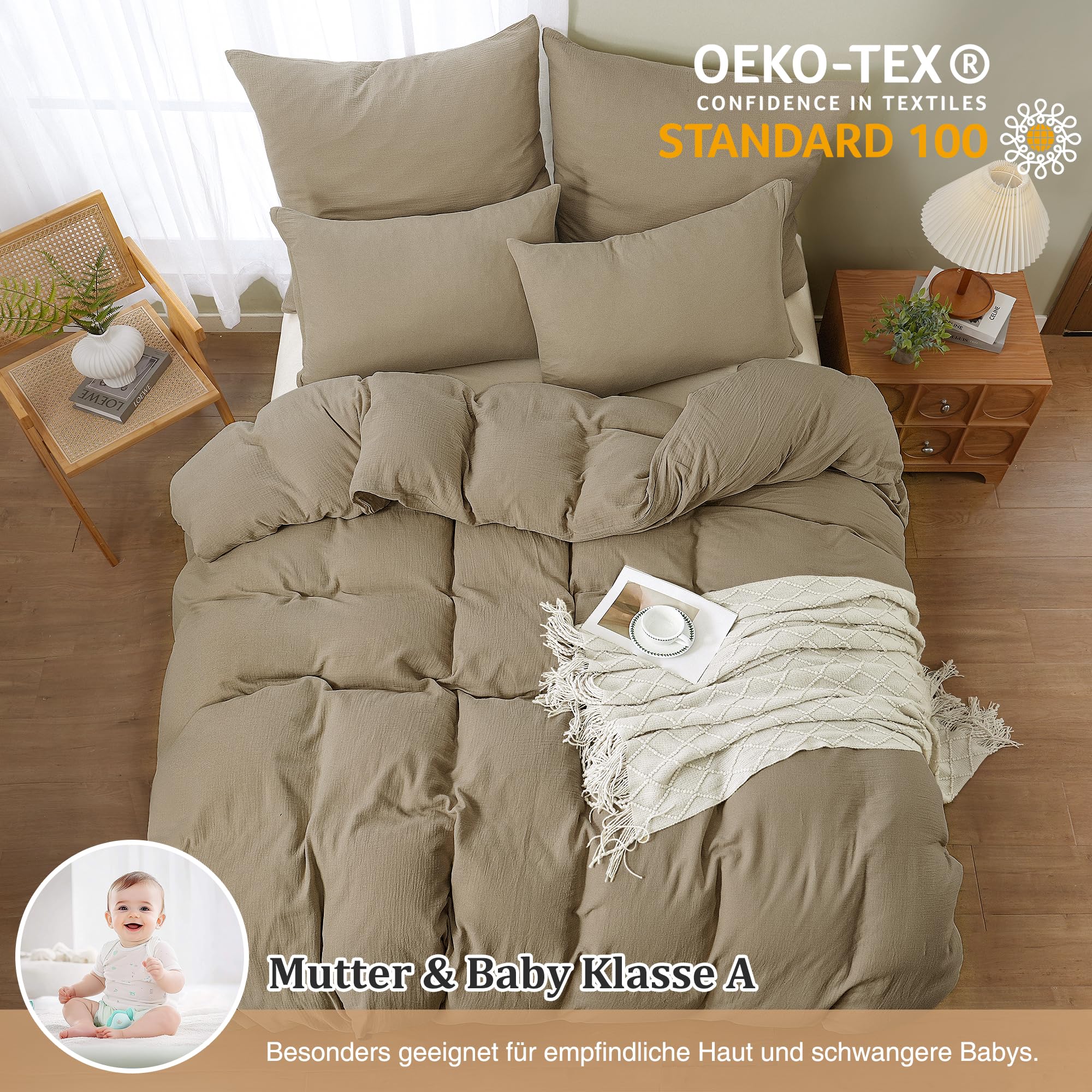 TOCOMOA Musselin Bettwäsche 155x220 Baumwolle 3teilig, Beige Leinenartiger Bettwäsche-Sets mit 1 Kissenbezug 80x80 cm und Kissenbezüge 40x80 cm, Oeko-TEX Bettbezug mit Reißverschluss