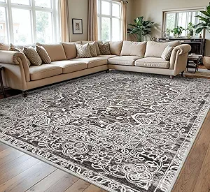 KUTA Tan Area Rugs 9x12 Living Room, Vintage Washable Large Rug for Bedroom 9ft x 12ft Non-Slip, Ultra Soft Printed Traditional Floral Medallion Low-Pile Wool Dining Room Carpet