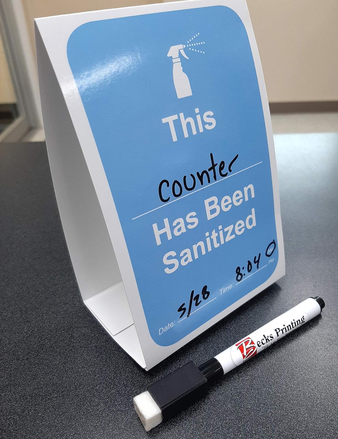 This Has Been Sanitized Table Tent with Dry Erase Surface - Fill in the Blank Reusable Table Tent Back to School - 2 Dry Erase Markers Included - 50 Pack