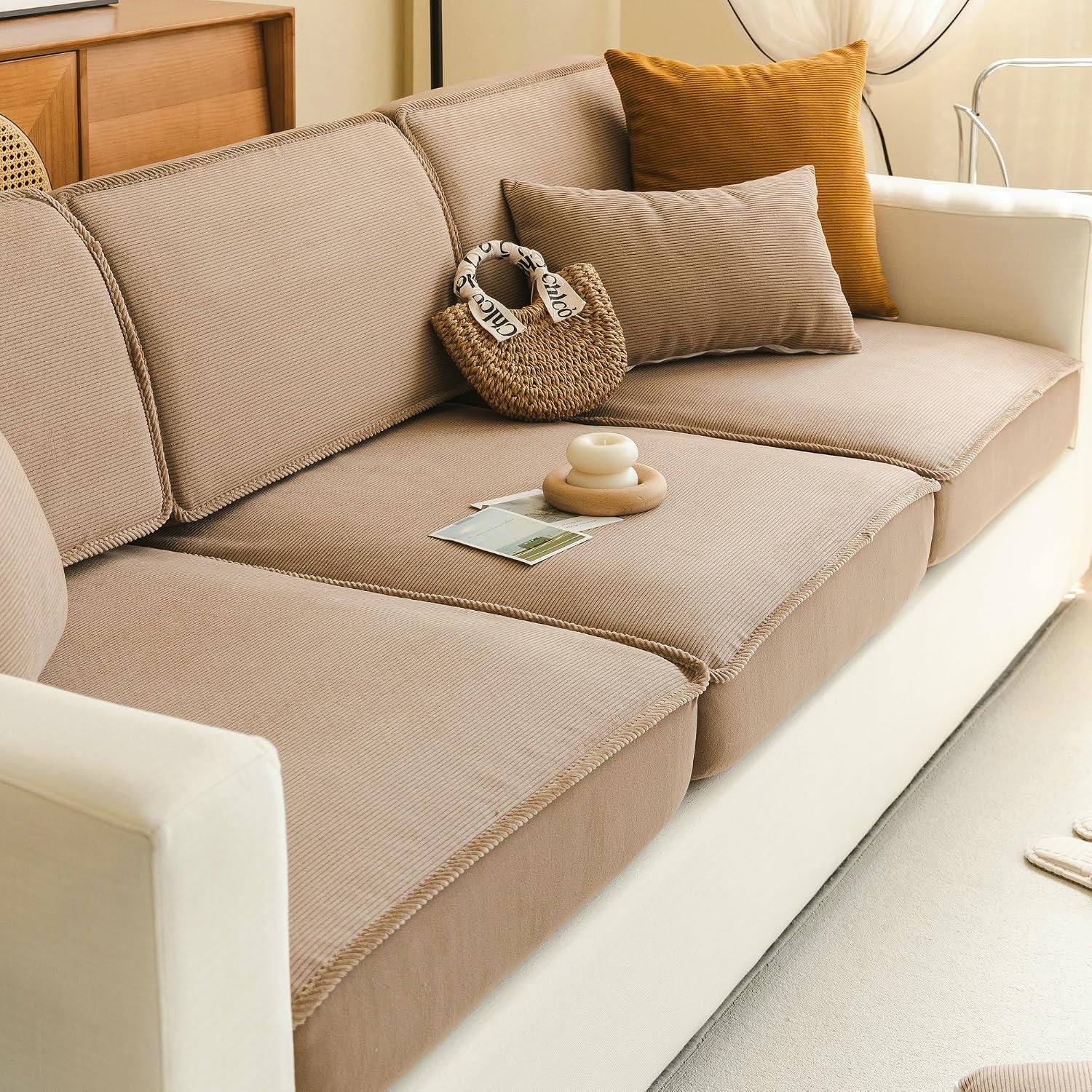 Sofa Slipcovers Stretch Couch Cushion Cover 1pc Corduroy Furniture Protector with Elastic Suitable for Armchair, Loveseat,3&4 Seat (1, Brown, 24''x24'')