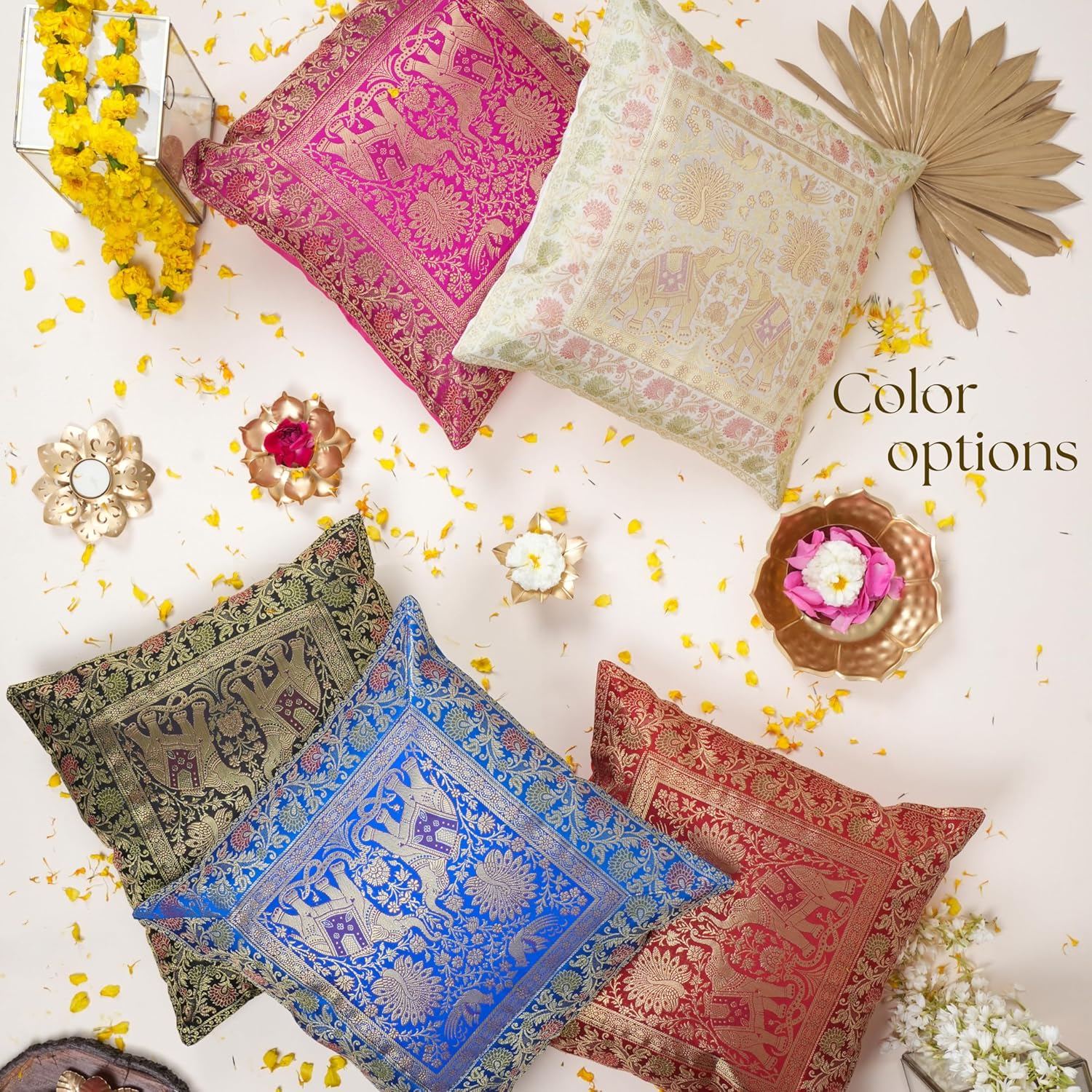 RAJRANG Lumbar Pillow Decorative Silk Cushion Covers 16x16 Inches Indian Ethnic Bohemian Pillows Home Decor Kantha Elephant Decorative Cases Set of 5