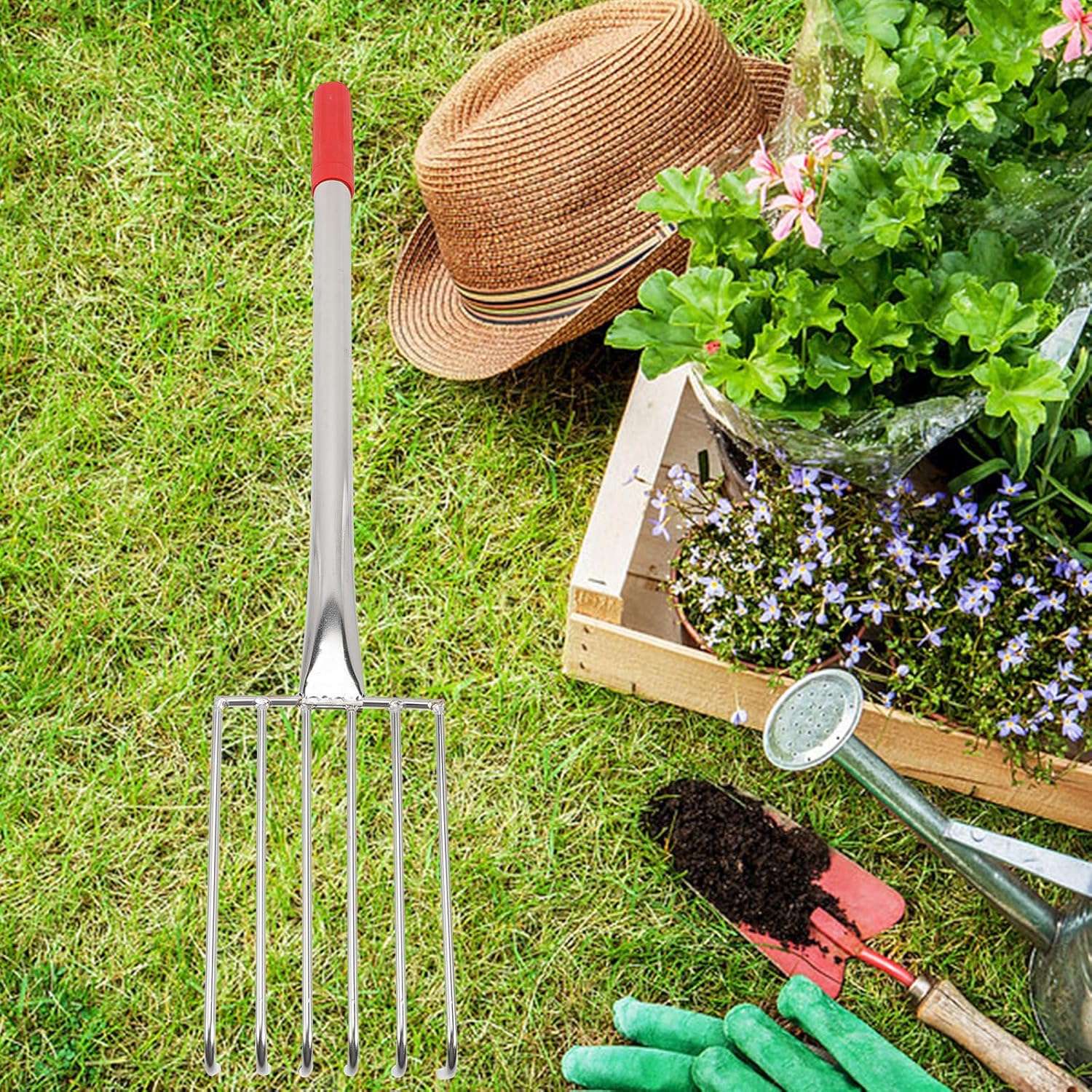 Stainless Steel Rake with Rubber Handle, 6-Tine Beach Shell Digging Rake for Gardening and Coastal Use, 12.6-inch Metal Hand Tool for Soil and Sand Removal