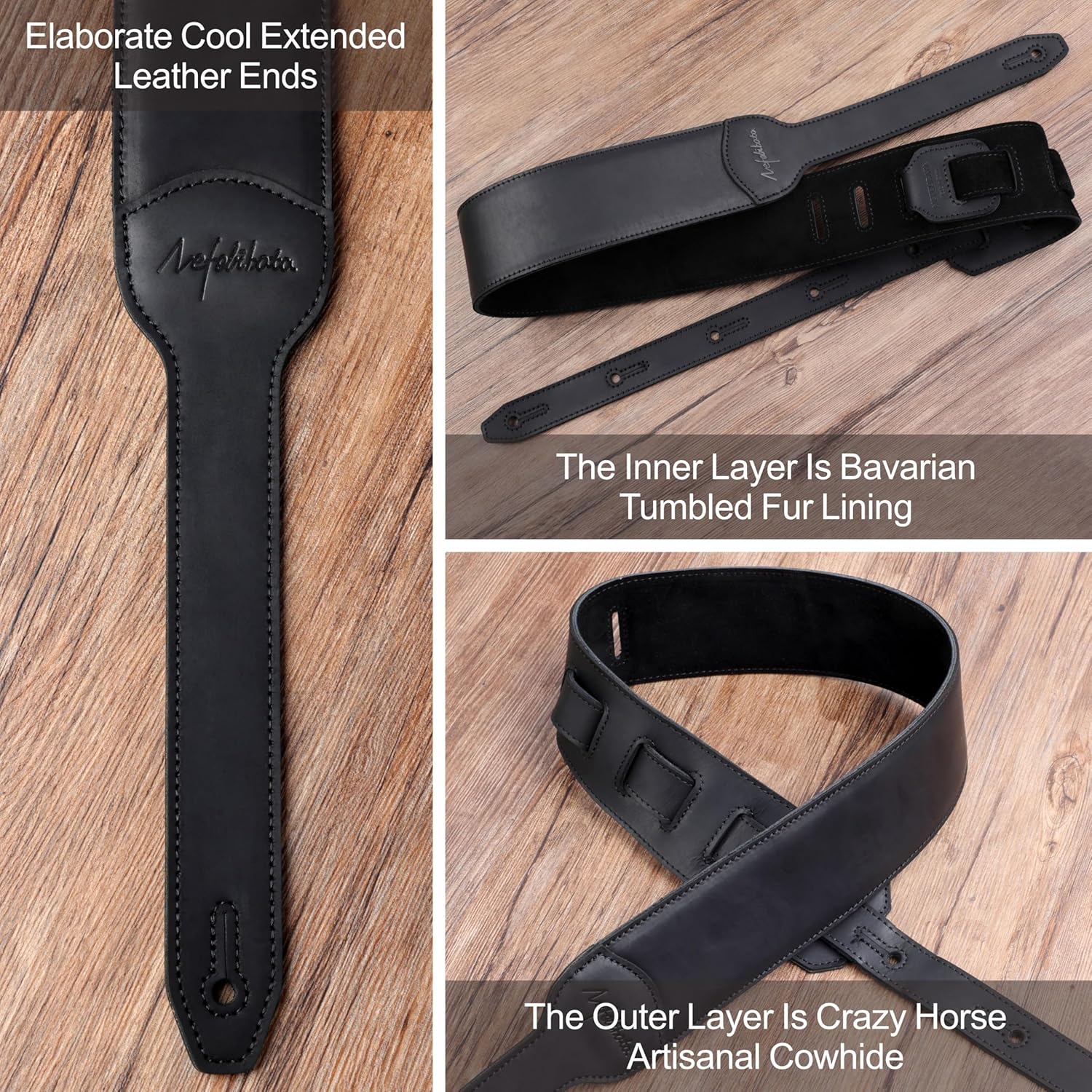 Nefelibata Banjo Strap, 2.5"Wide Double Layer Crazy Horse Art Leather Guitar Strap Adjustable Replacement With Headstock Rope(Black Crazy Horse Leather)