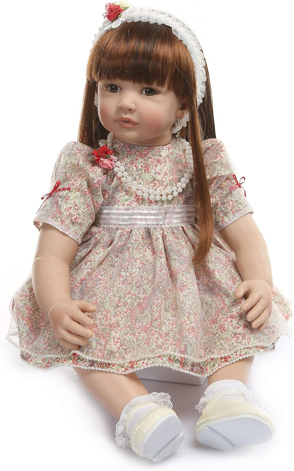 KAWAYII Realistic Reborn Baby Dolls Handmade Real Life Reborn Toddlers Girl Weighted 24 Inch Lifelike Silicone Newborn Baby Doll with Beautiful Elbow Long Brown Hair