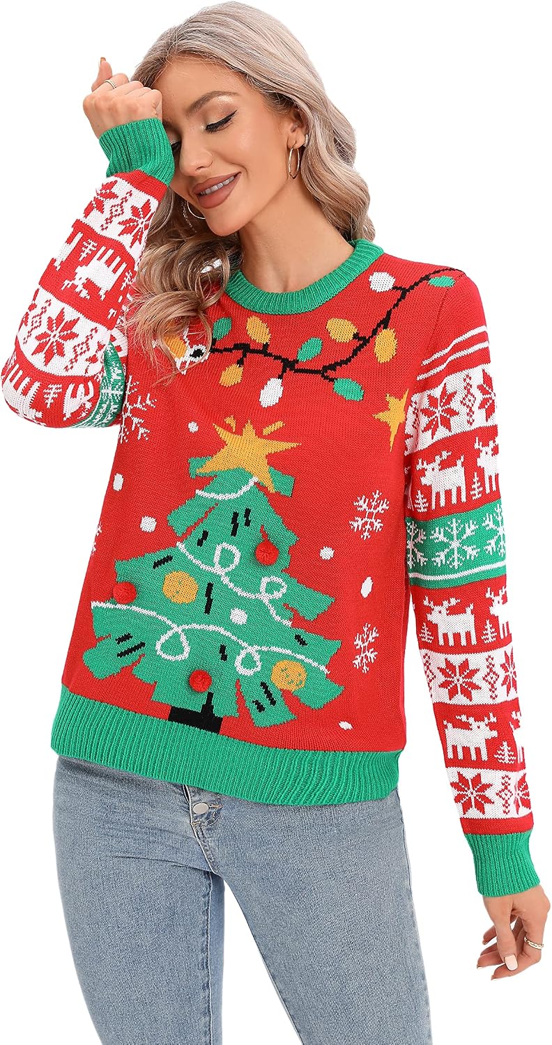 LUBOT Ugly Christmas Sweaters for Women Cute Fuzzy Funny Wintertime and Holiday Parties Knitted Pullover Sweater Tree-M