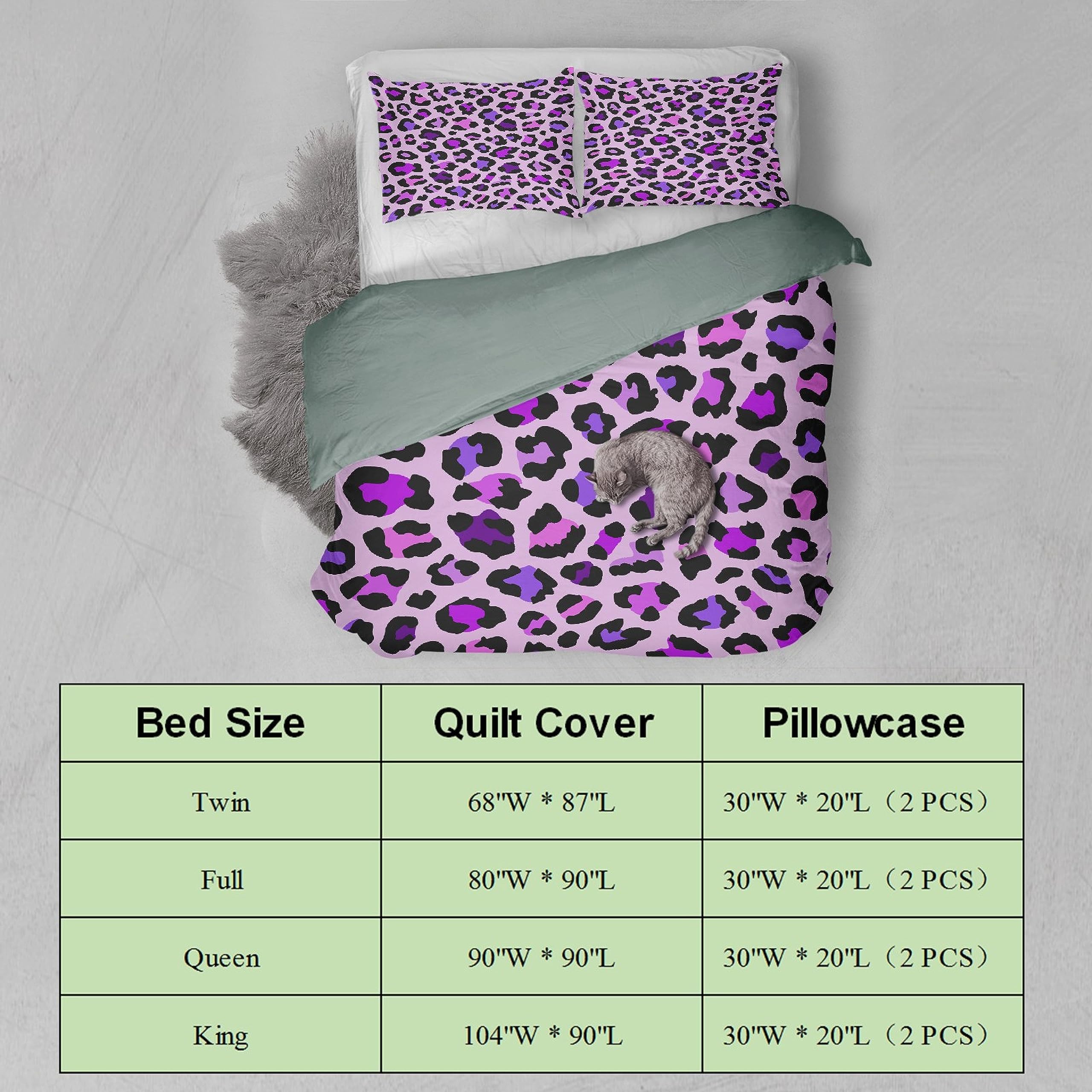 TORTILLAS BLANKET Purple Leopard Print Three-Piece Bed Set, 3-Piece Set (1 Quilt Cover + 2 Pillowcases), with a Variety of Patterns to Choose from, Suitable for Children, Family and Friends Queen