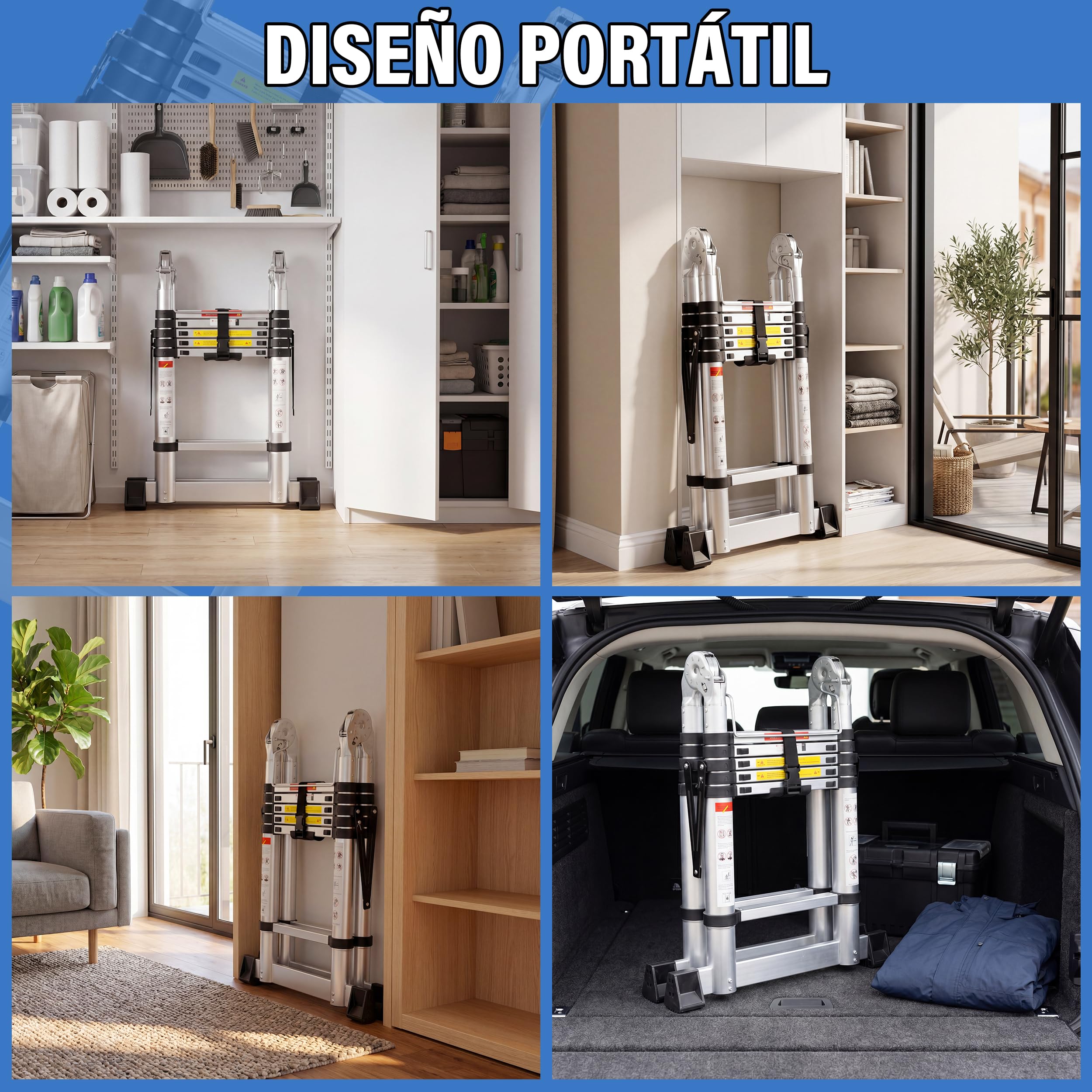 DEWINNER Escalera telescópica 3,8 m (1.9+1.9), Escalera Plegable 2 en 1, Escalera de Aluminio con Ganchos para Uso Interior y Exterior, Carga máxima de 150 kg, Color Plateado