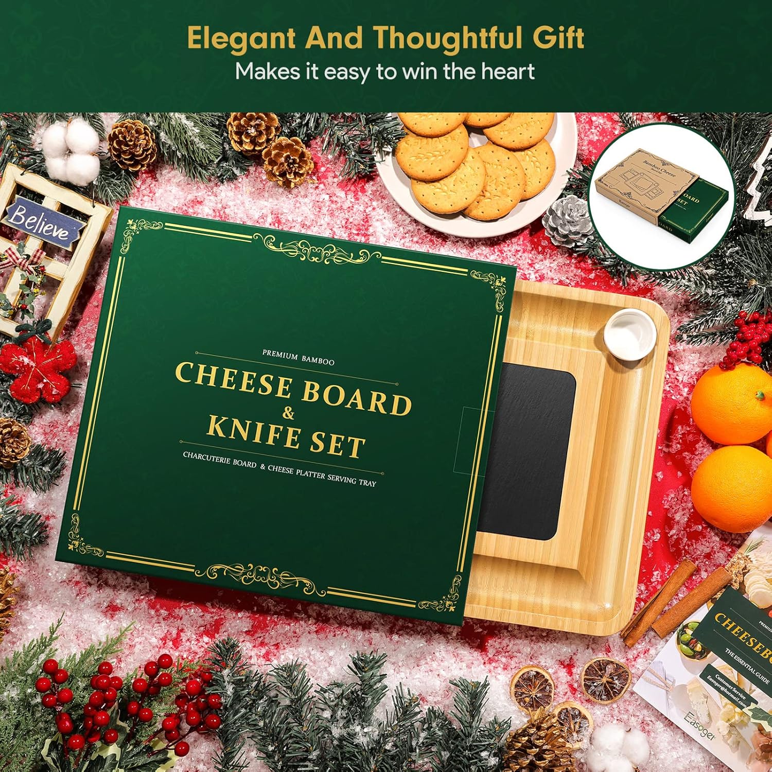 Easoger Charcuterie Boards, Large Charcuterie Board Set, Bamboo Cheese Board Set with Double Protective Packaging, Upscale Stylish Cheese Knife Set for Housewarming Gift