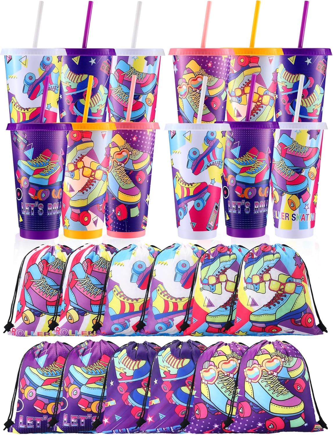 Tellingyou 24 Pcs Roller Skate Party Favors 12 Pcs 24 oz Roller Skate Plastic Cups with Lids and Straws 12 Pcs Drawstring Backpack Reusable Tumbler Goodie Bag for Retro 80s 90s Birthday Party Supplies