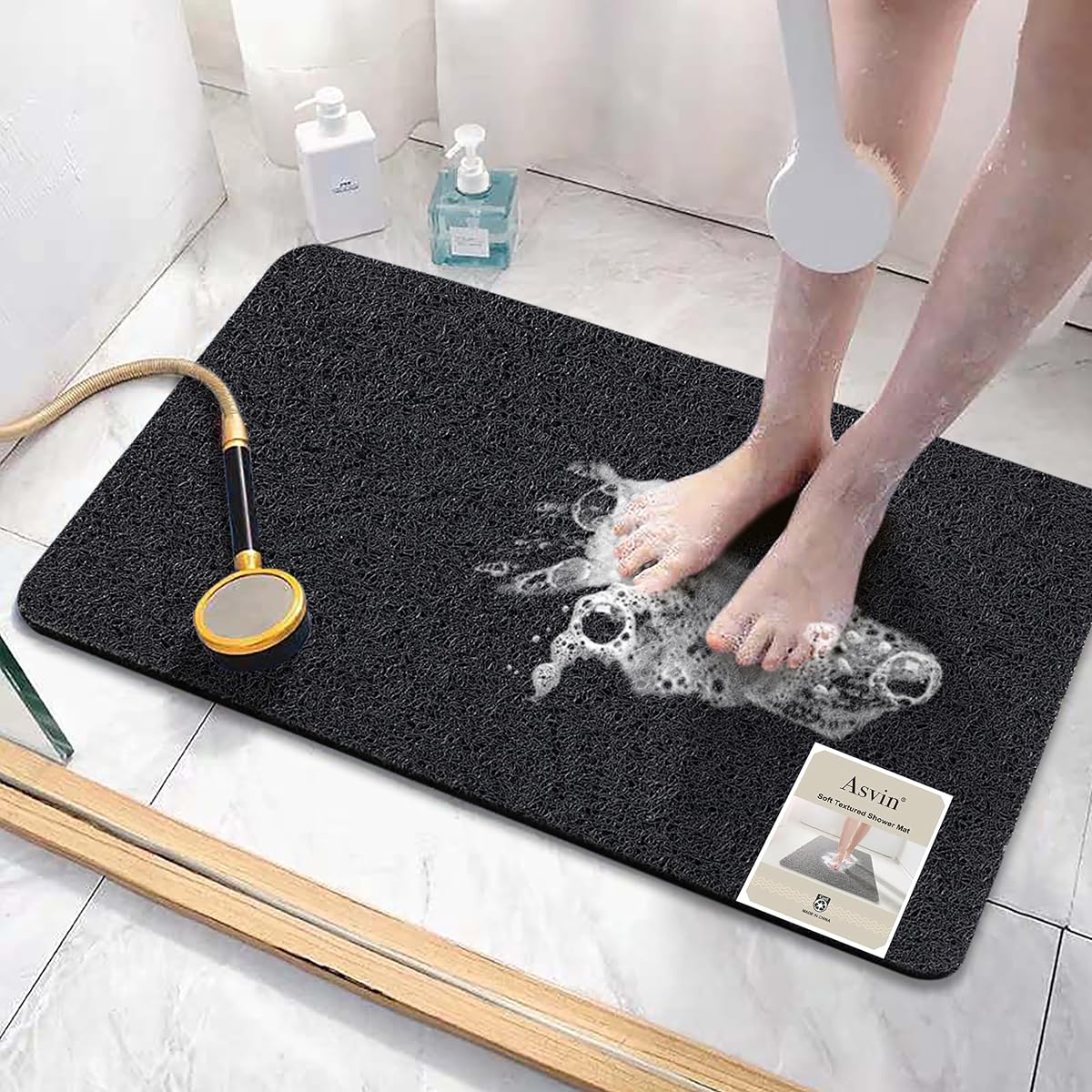 Asvin Alfombrilla de baño, ducha, bañera con textura suave, 24 x 16 pulgadas, sin ftalatos, alfombrillas de bañera antideslizantes y cómodas con drenaje, alfombrillas de baño de lufa de PVC para zonas húmedas, secado rápido