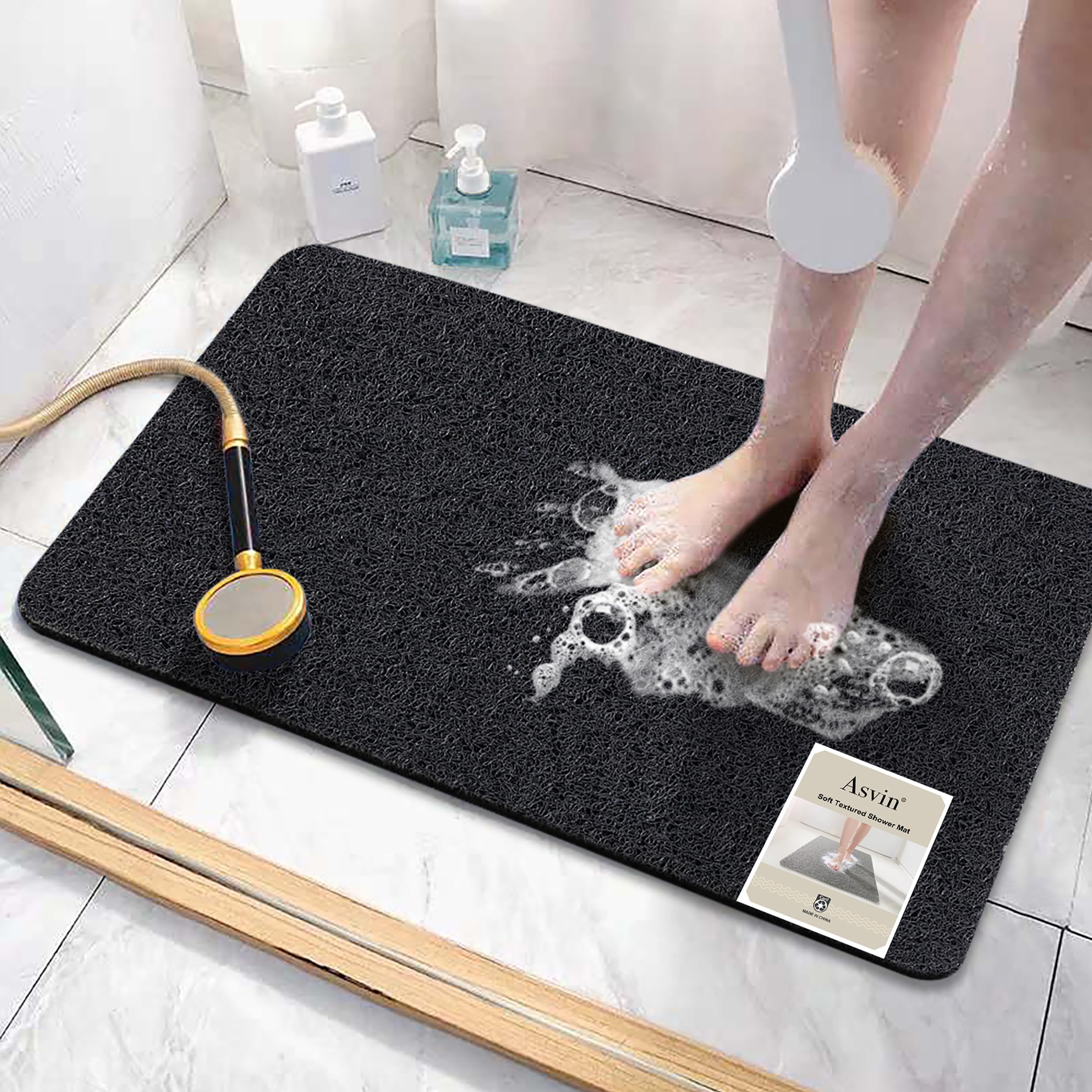 Soft Textured Bath, Shower, Tub Mat, 24x32 Inch, Phthalate Free, Non Slip Comfort Bathtub Mats with Drain, PVC Loofah Bathroom Mats for Wet Areas, Quick Drying