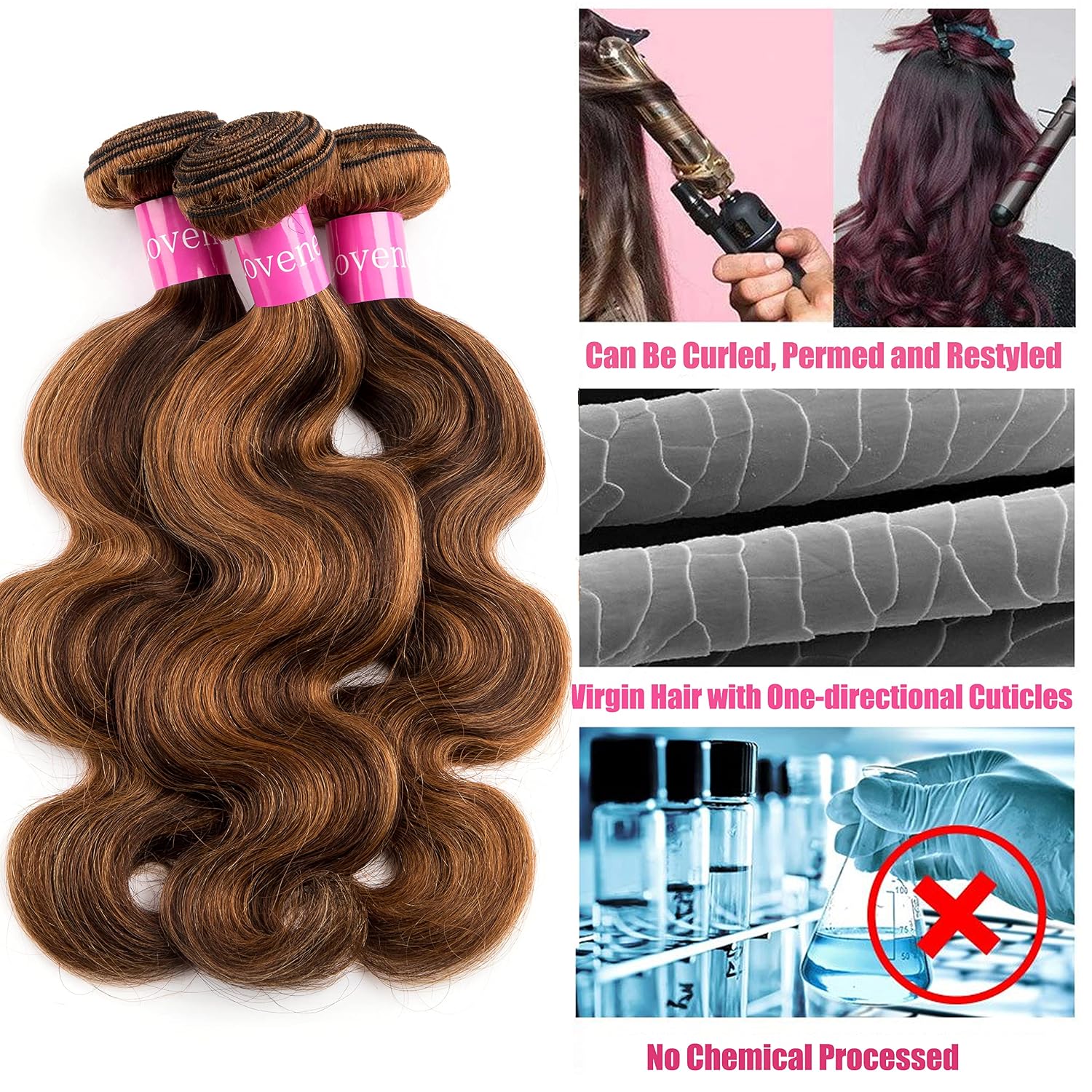 Honey Blonde Highlight Body Wave Human Hair 3 Bundles, P4/27 Blonde Brown 10A Brazilian Remy Hair Wavy Weaves Hair Extensions Balayage Colored 100g/Bundle for Sew In Wig Ponytail 12 14 16 Inch