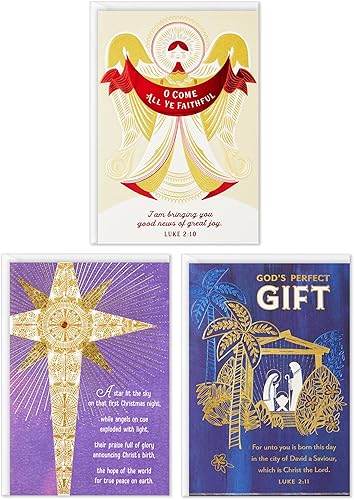 DaySpring - Surtido de tarjetas navideñas religiosas (3 tarjetas con sobres Natividad, ángel, estrella)