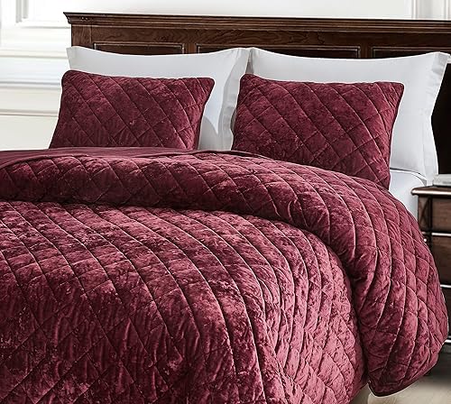 Miniatura 3 de Chezmoi Collection Lux - Juego de edredón de terciopelo color borgoña, tamaño King, 3 piezas, ropa de cama de terciopelo envejecido para todas las