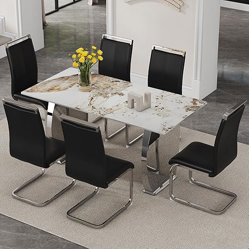 Miniatura 19 de Juego de mesa de comedor moderno para 6, 7 piezas de mármol sintético para cocina, mesa de comedor con mesas de comedor rectangulares y 6 sillas