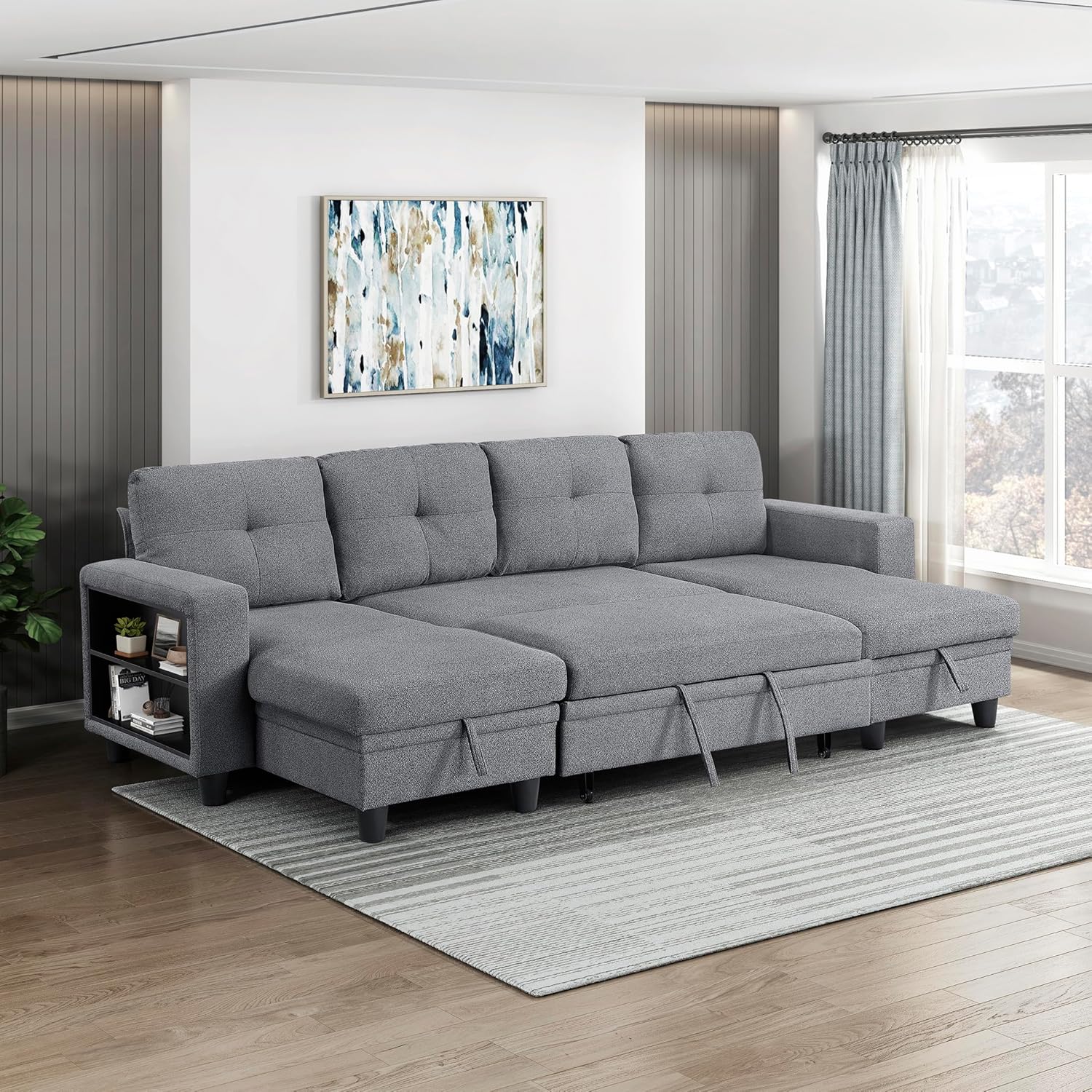 Lexicon U-Shaped Sectional with Pull-Out Bed, Boucle Upholstered Sofa Chaise, Two Storage Chaises, Storage Shelves, USB Ports, Tufted Back, Sectional for Living Room/Apartment, 4-Seater, Gray