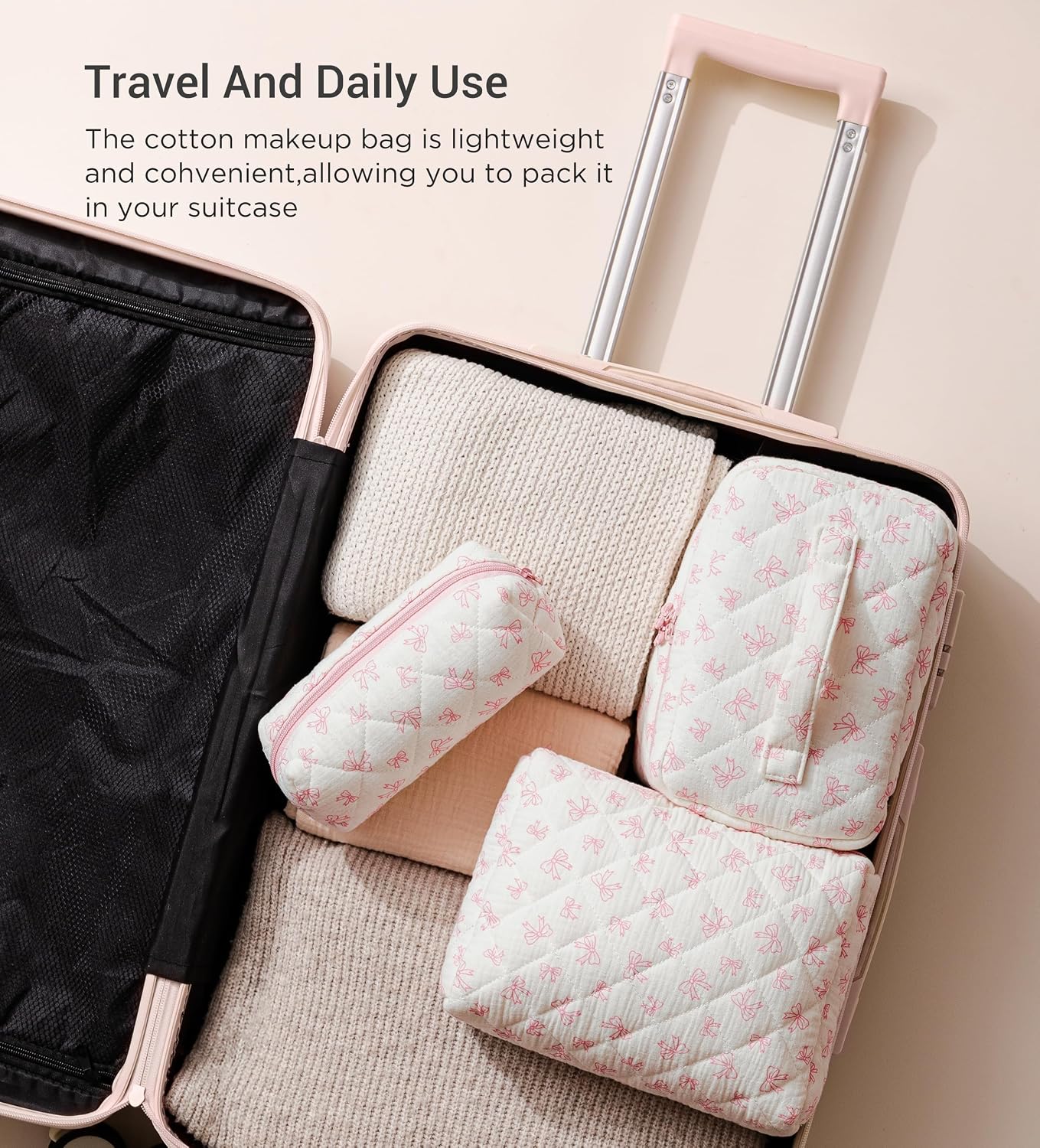 HBselect Quilted Makeup Bag, 3Pcs Cotton Large Travel Makeup Bags Organizer image 4