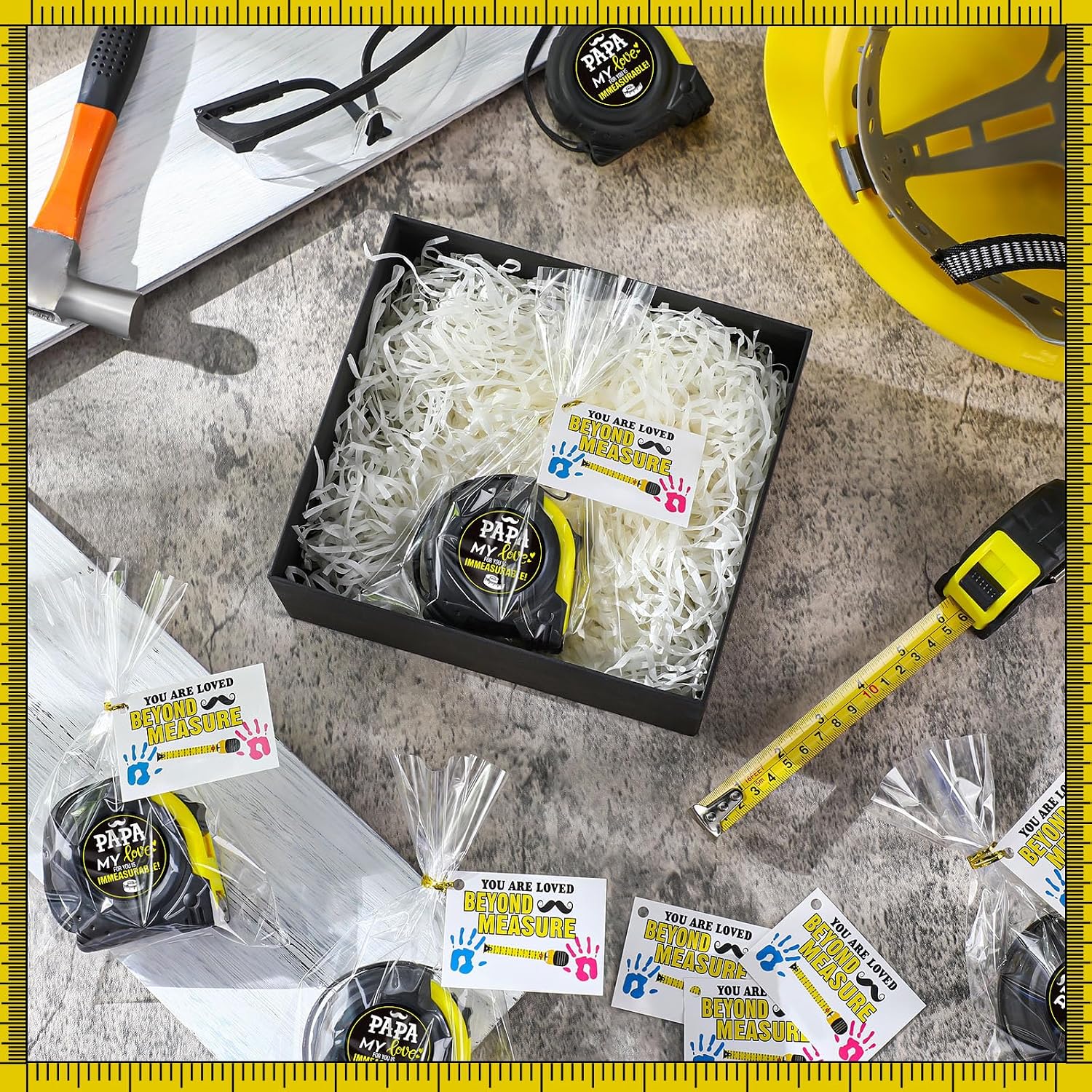 Blosssound 8 Set Fathers Day Dad Gifts Bulk Tape Measures Gifts with Cards Clear Plastic Bags My Love for You is Immeasurable Tool Presents for Fathers Day Party Favors Supplies(Papa)