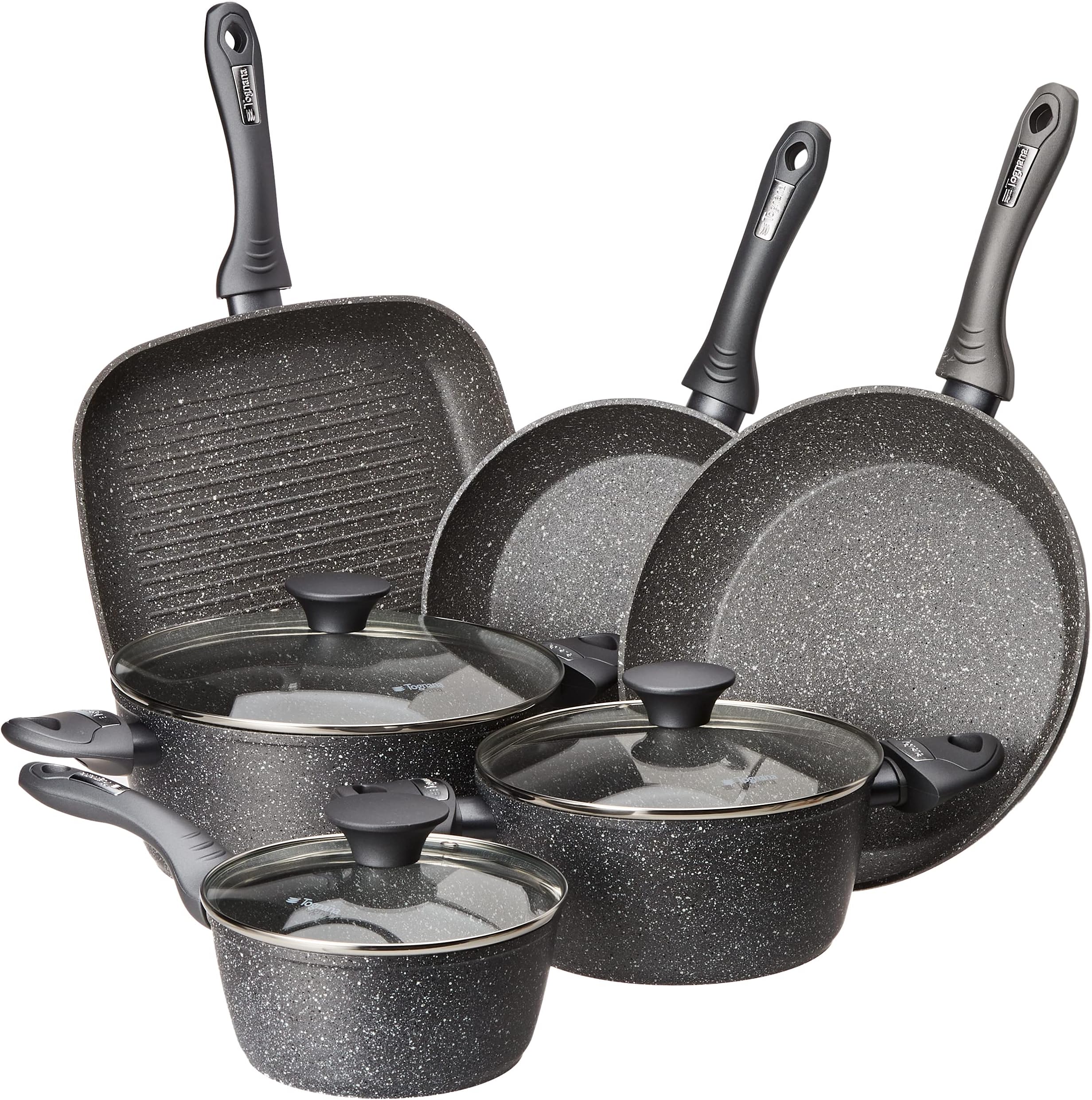 Tognana Mythos Cookware and Pan Set with 3 Saucepans, 2 Pans, 1 Grill, 3 Lids, 9 Pieces, Aluminium, Grey