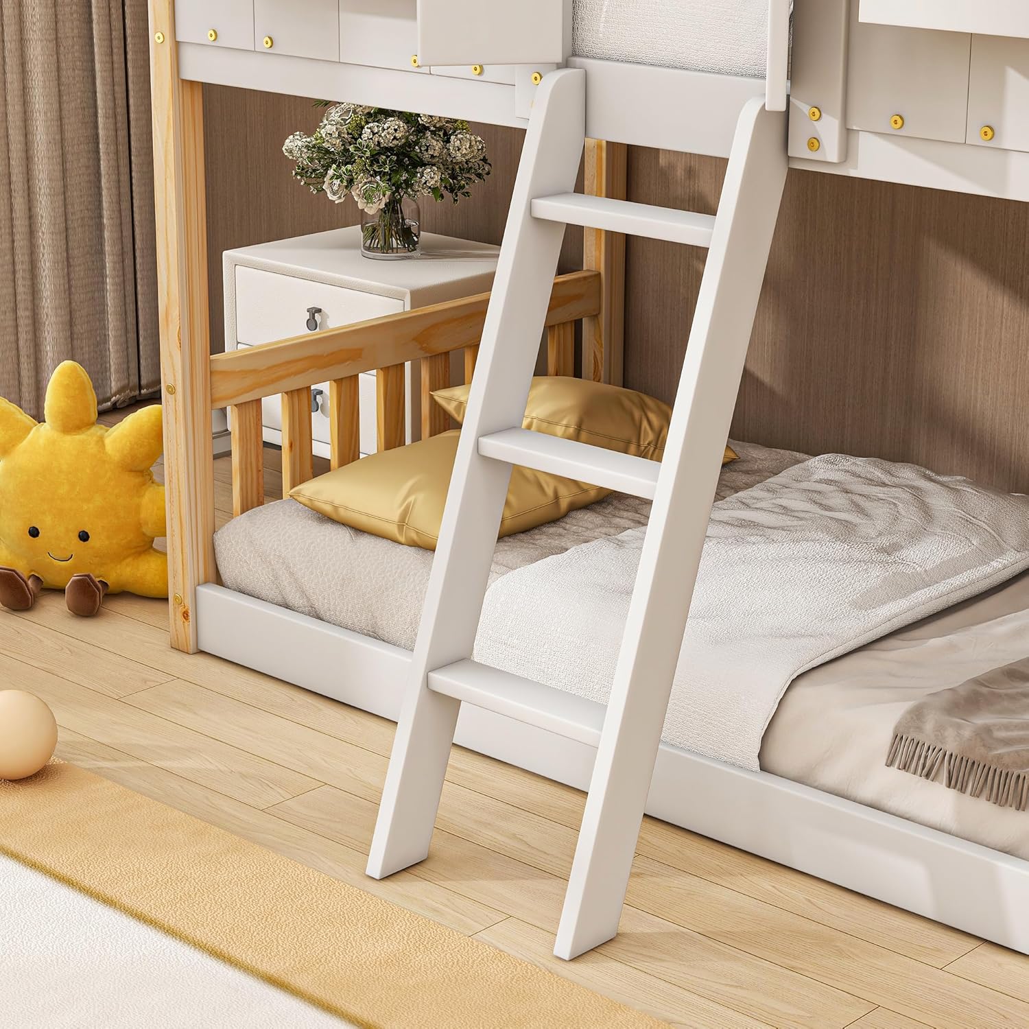 Bellemave Twin Over Twin House Bunk Bed with Door and Window for Kids, Solid Wood Floor Bunk Beds Frame with Stroage and Semi-Enclosed Roof for Girls Boys,Natural