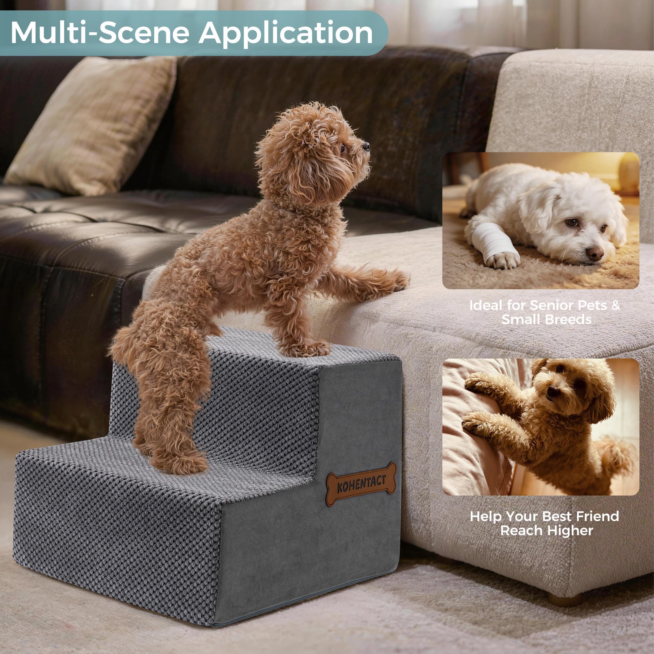 Scaletta per Cani e Rampa per Letto Alto e Divano, 33-61 cm Scala Rimovibile per Cani Piccoli e Medi, Schiuma 40D Robusta, Antiscivolo, Rivestimento Lavabile con Rullo Levapelucchi, Grigio