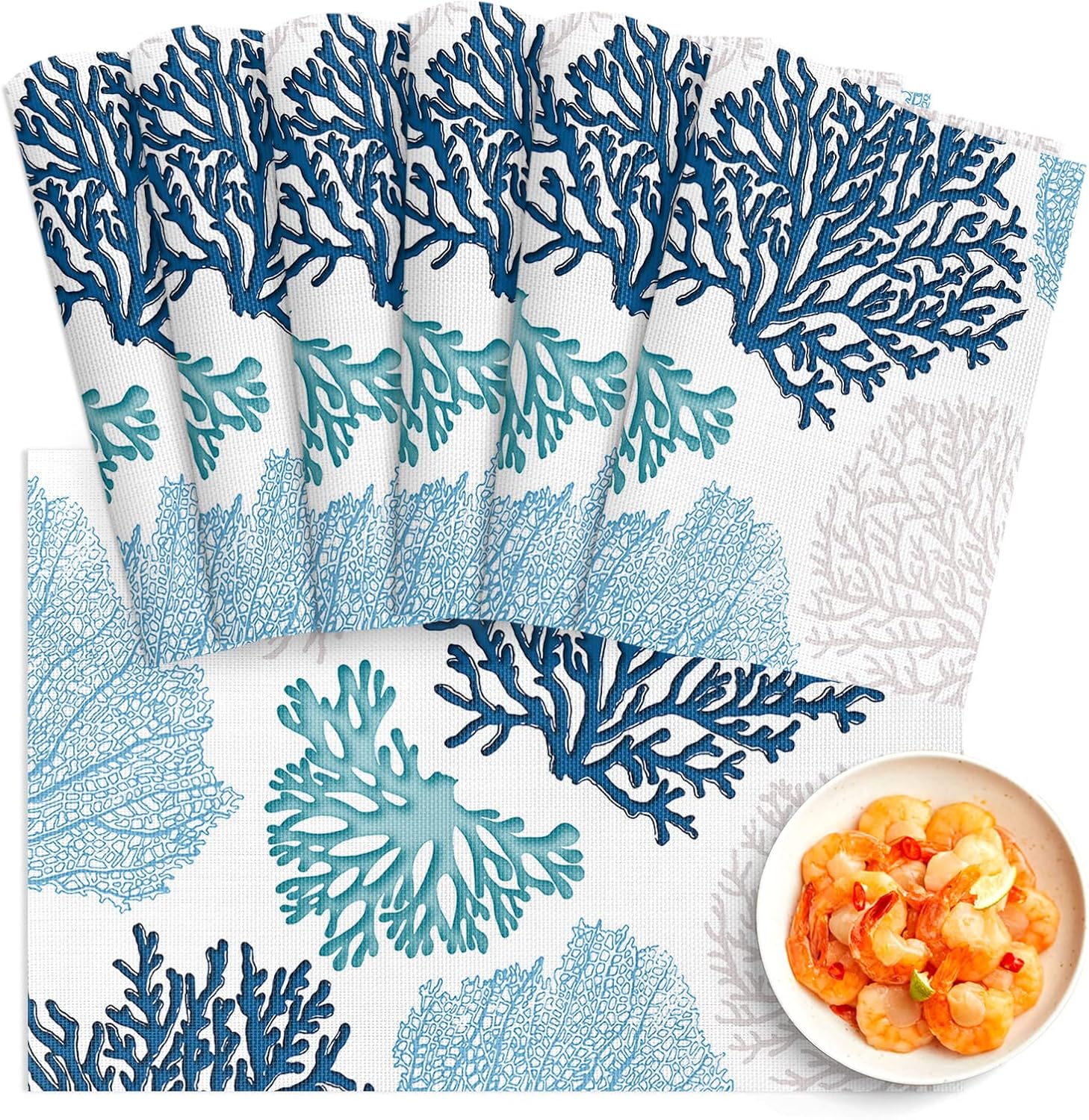 Blue Teal Coral Placemats Set of 6 for Dining Table, PVC