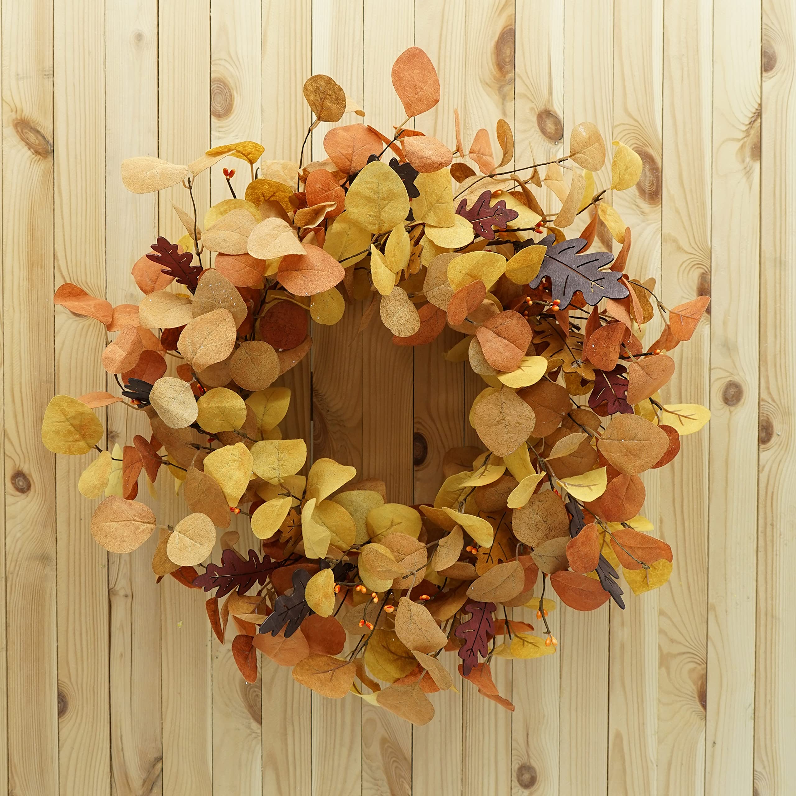 AMF0RESJ Artificial Fall Wreath for Front Door Autumn Eucalyptus Wreath with Orange Eucalyptus Leaves,Woodern Oak Leaves for Farmhouse Indoor Outdoor Window Wall Door Home Decor,Gift Box Included